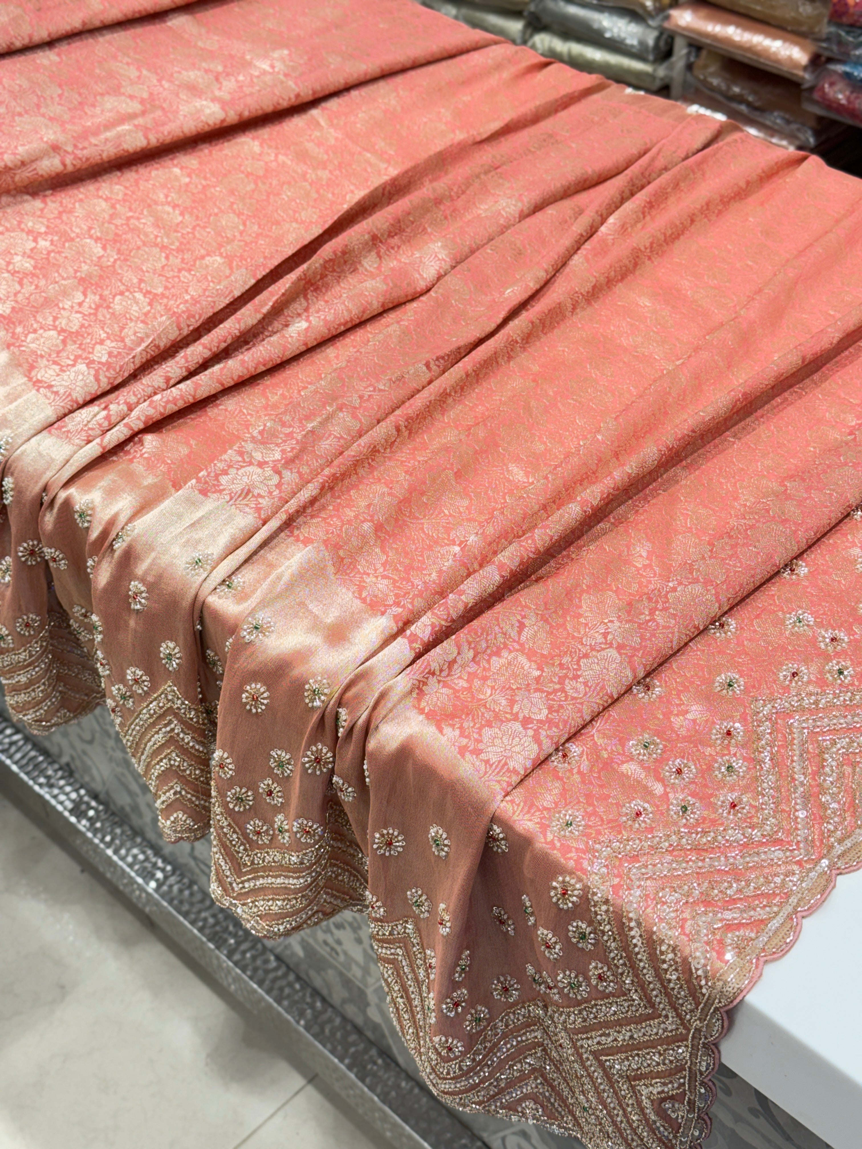 Pink Floral Weave Soft Silk Moti Crystal Embroidery Saree