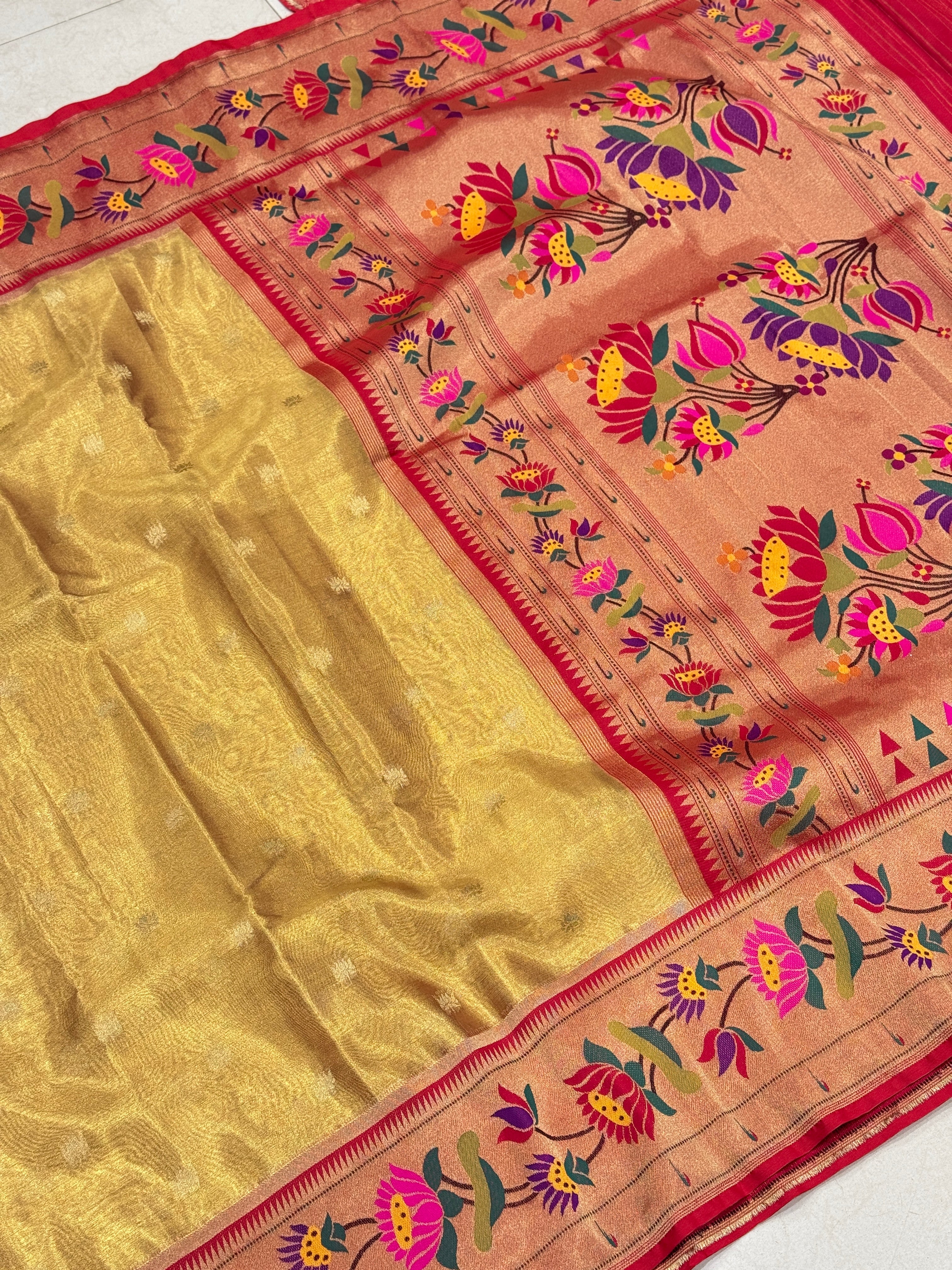 Gold Tissue Paithani Lotus Floral Border Saree
