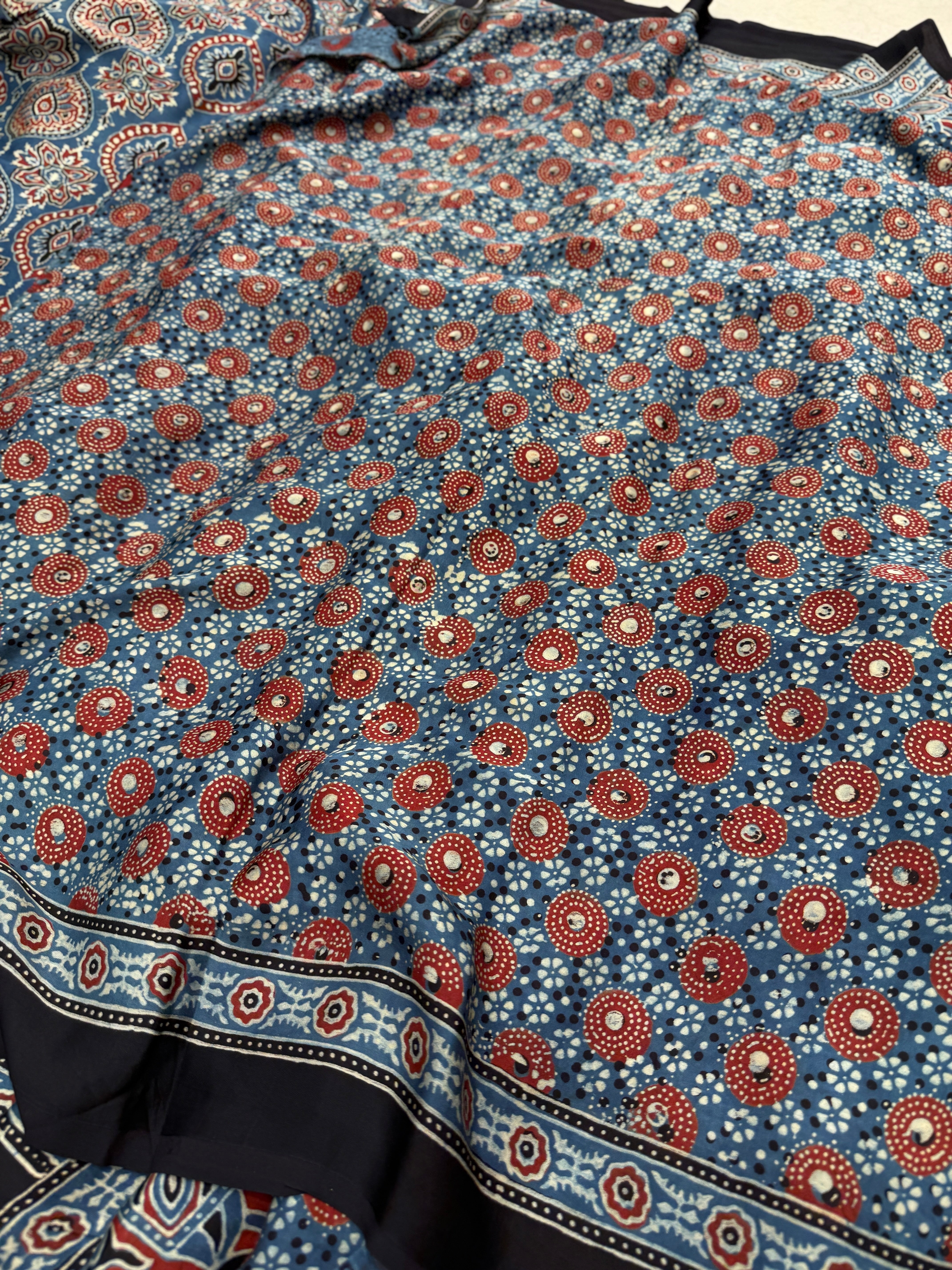 Blue Jewelled Flower Ajrakh Modal Gajji Silk Saree