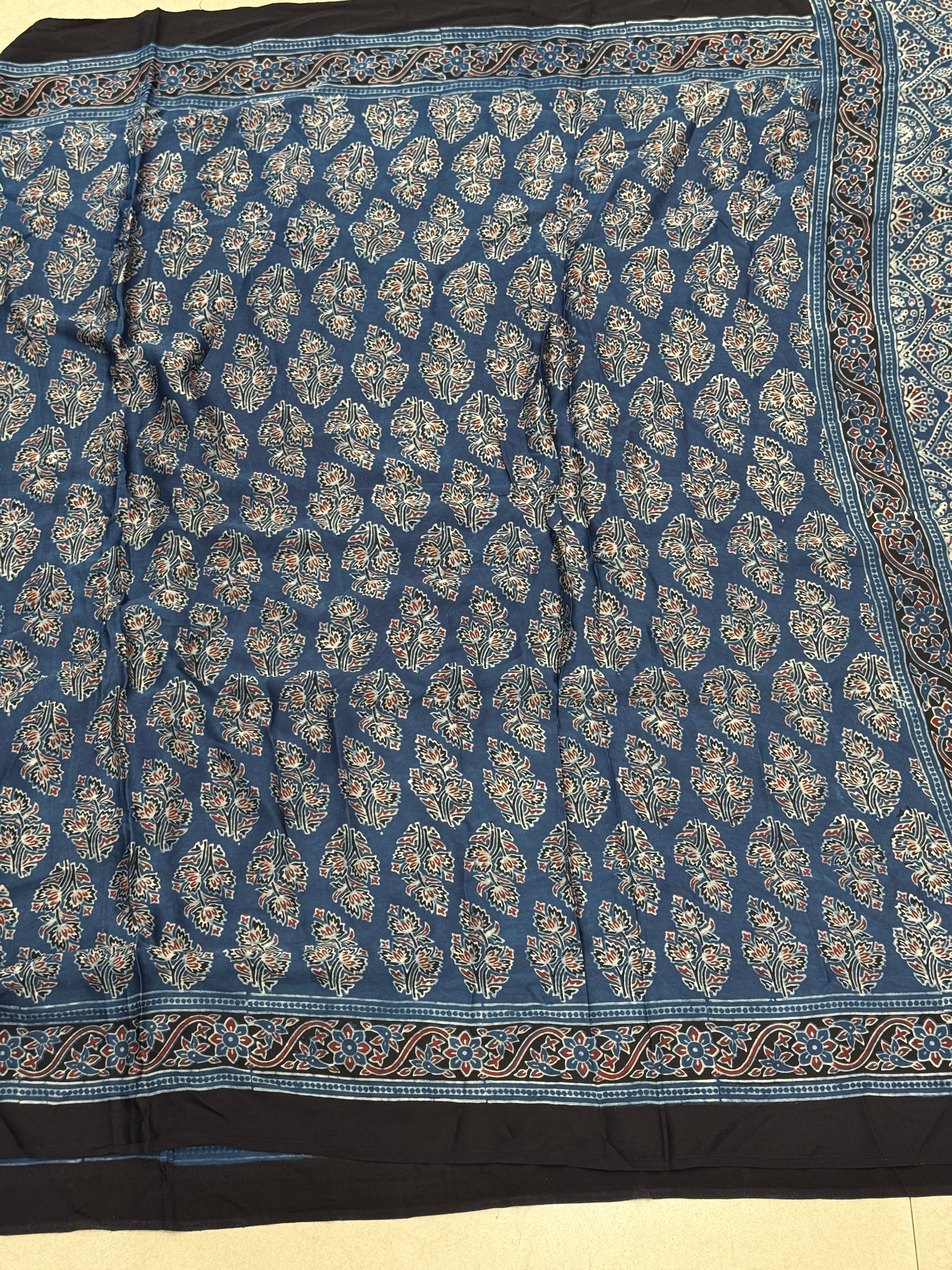 Blue Tree Butta Ajrakh Hand Block Print Pure Gajji Silk Saree