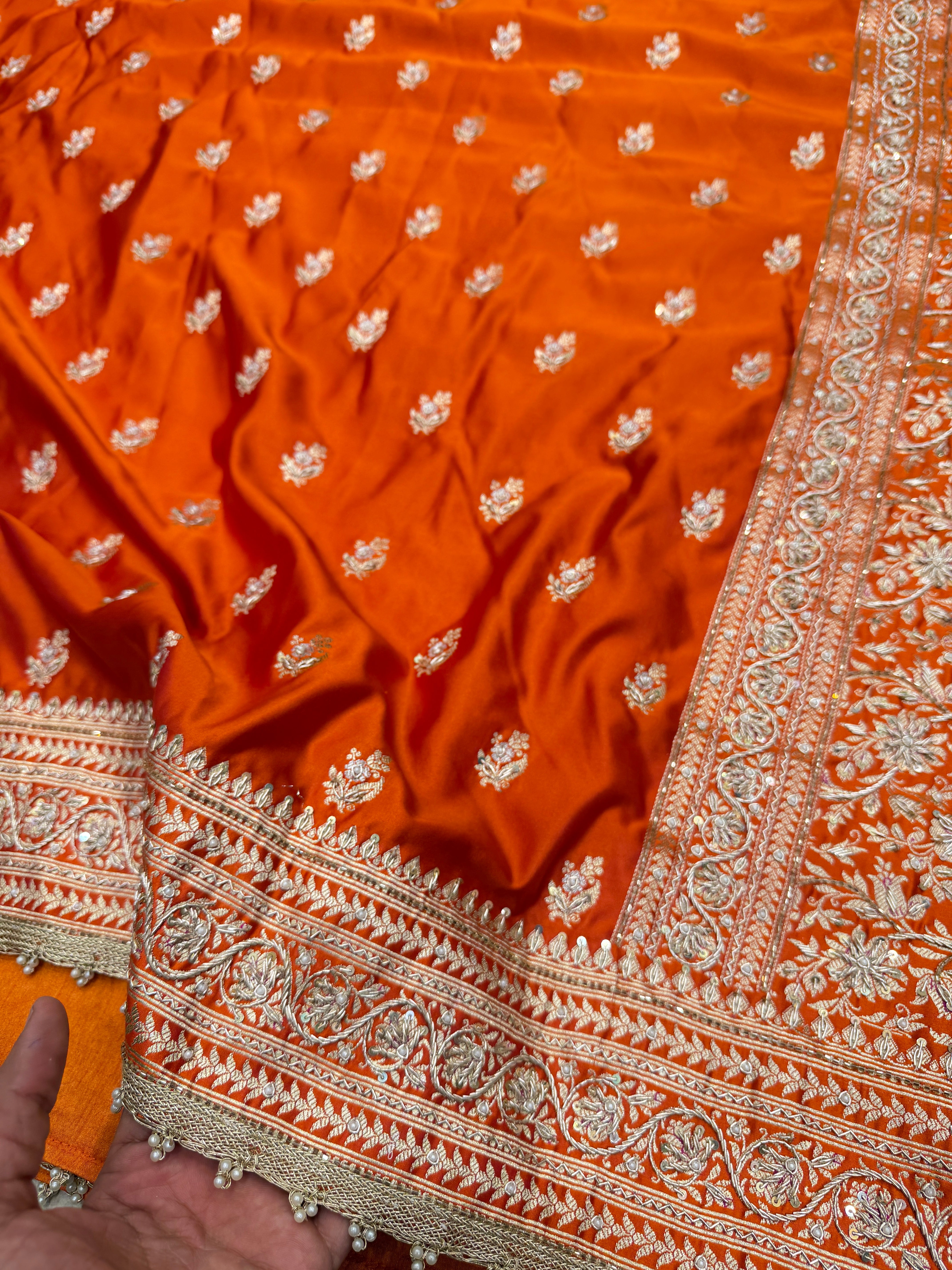 Rust Orange Banarasi Buttis Zardosi Hand Embroidery Saree