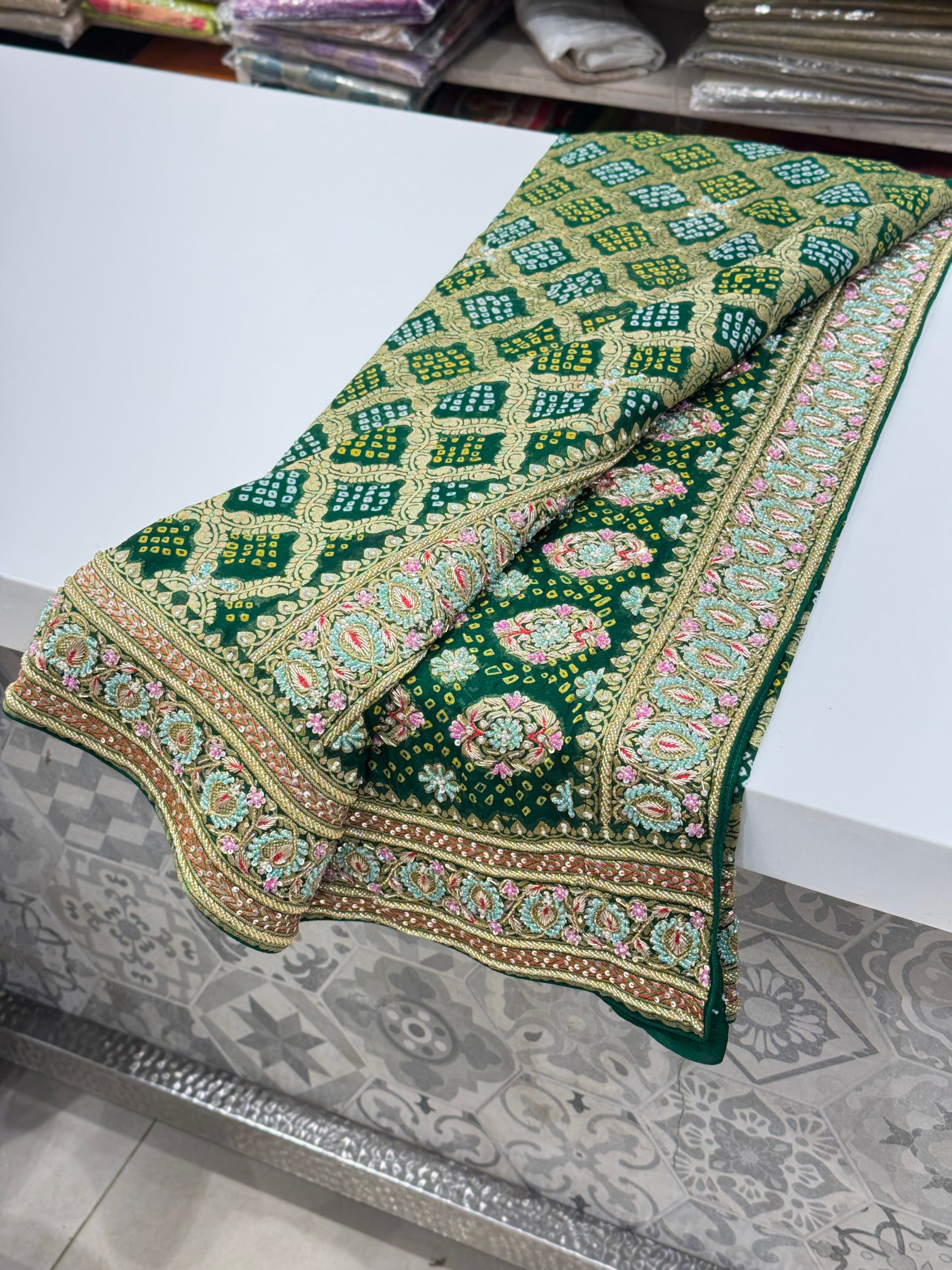 Bottle Green Bandhej Hand Embroidery Saree