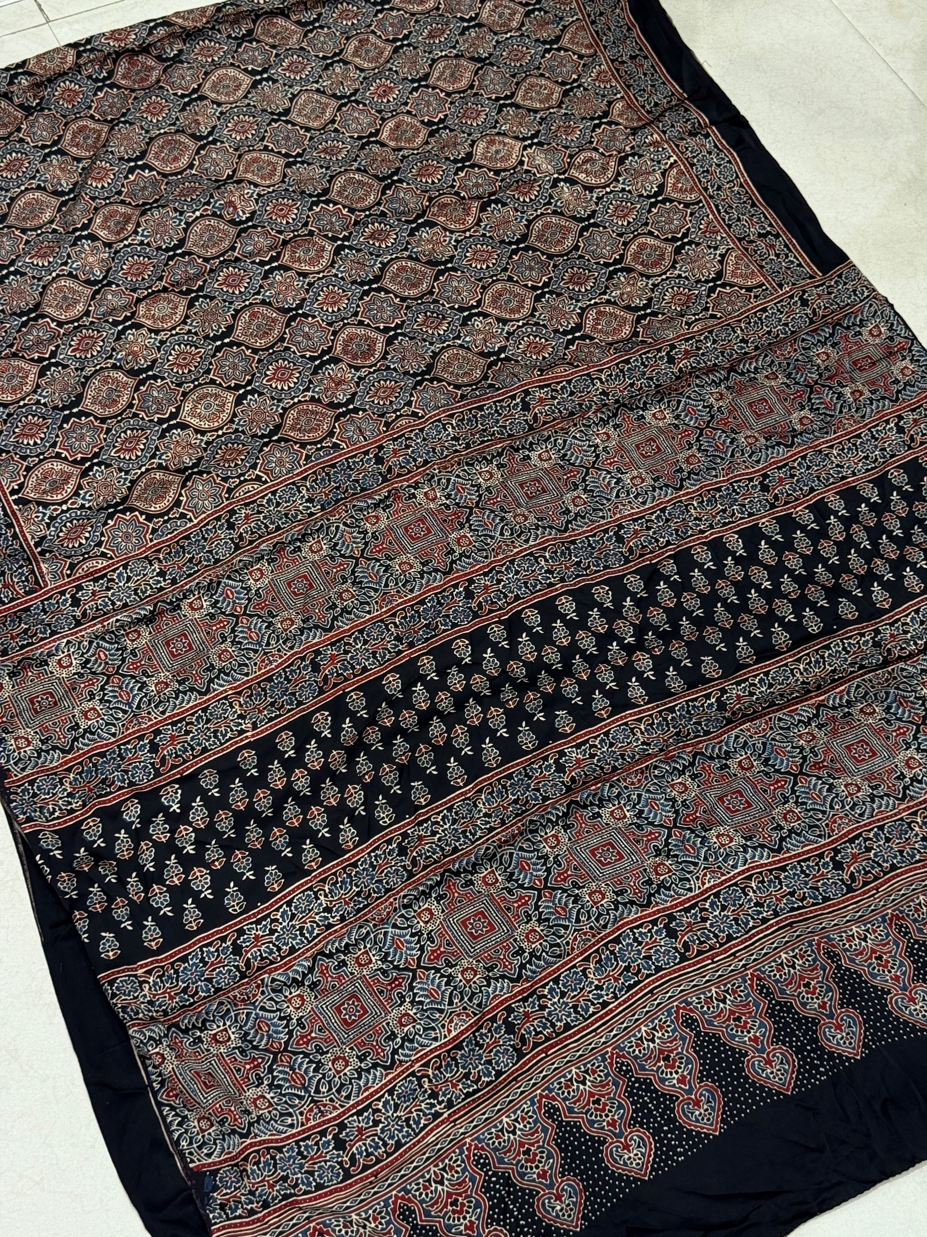 Black Badam Jaal Ajrakh Block Print Hand Pure Gajji Silk Saree