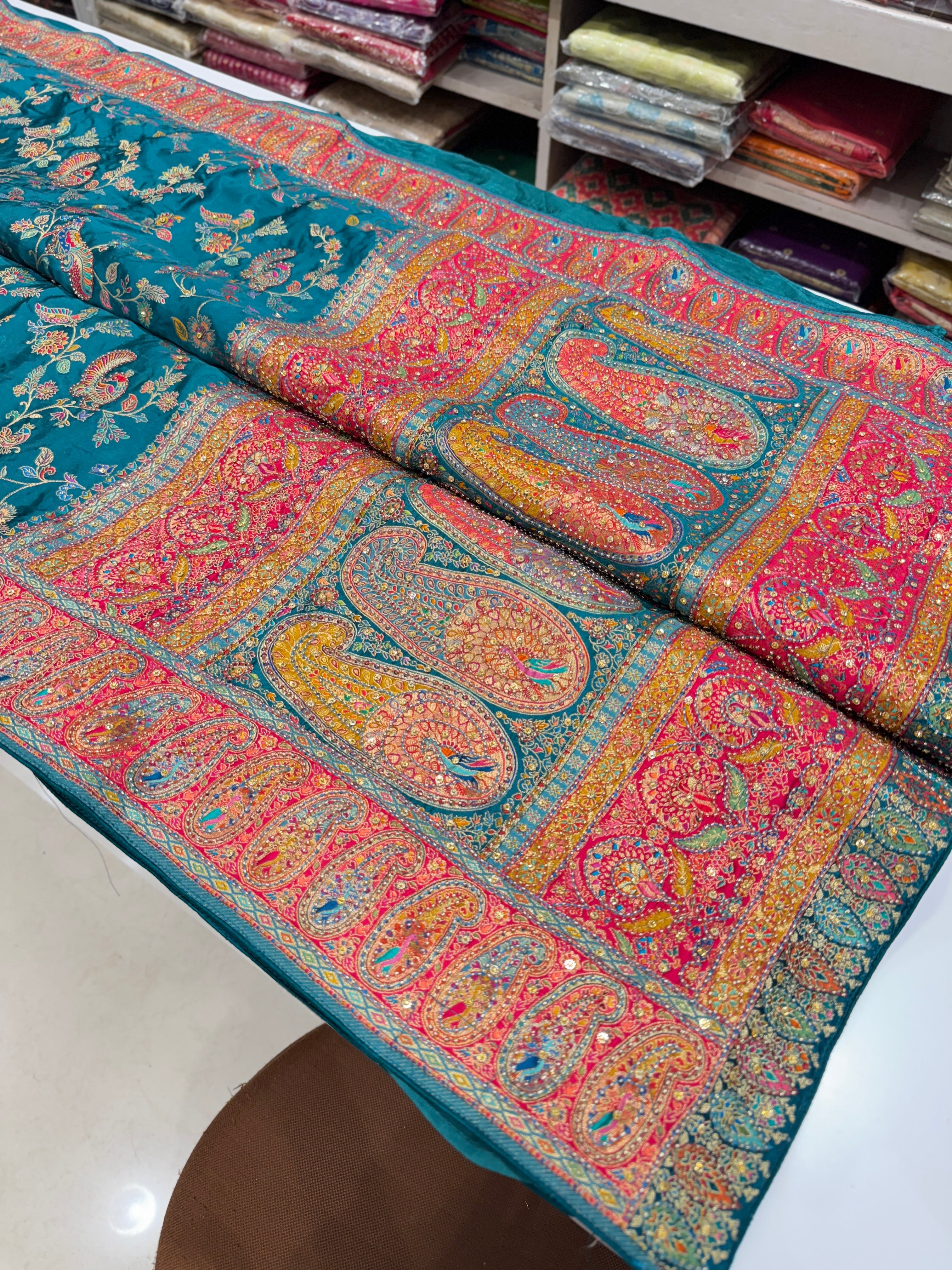 Rama Green Modal Satin Peacock Theme Kutchi Embroidery Saree