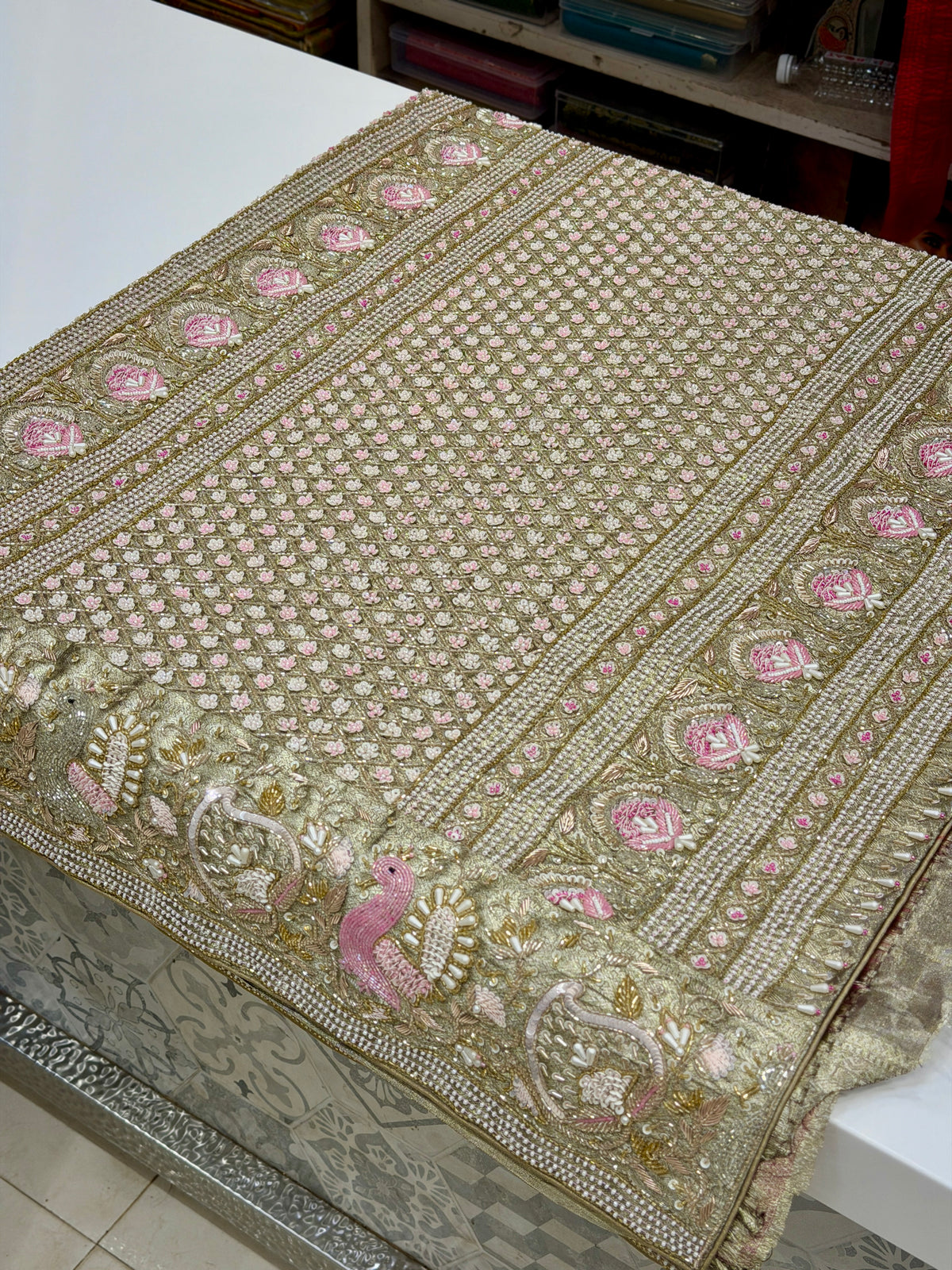 Green Silver Kanjivaram Three Zari Hand Embroidery Zardosi Moti Sequin Saree