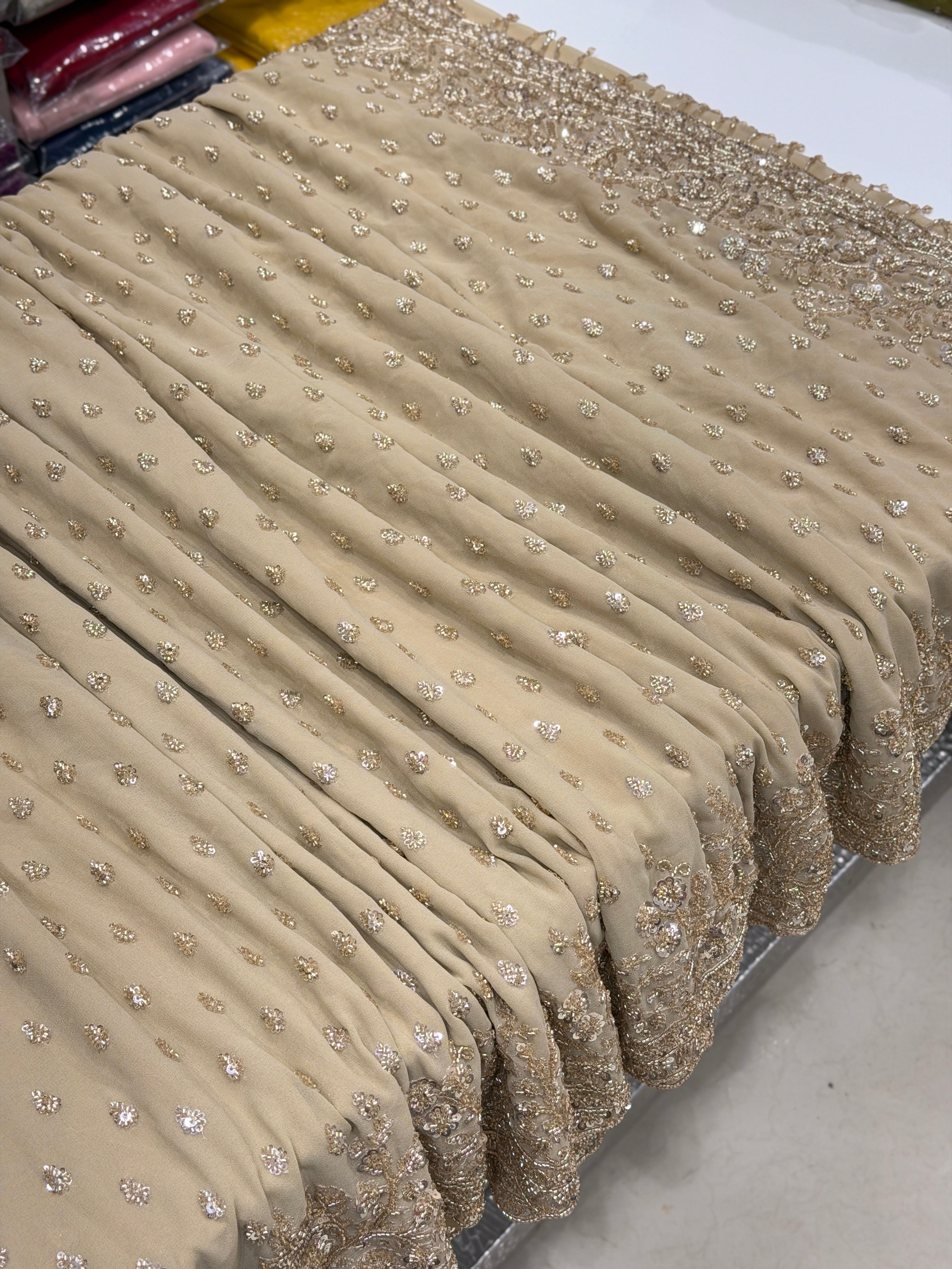 Beige Manish Malhotra Inspired Georgette Moti Sequin Butti Saree