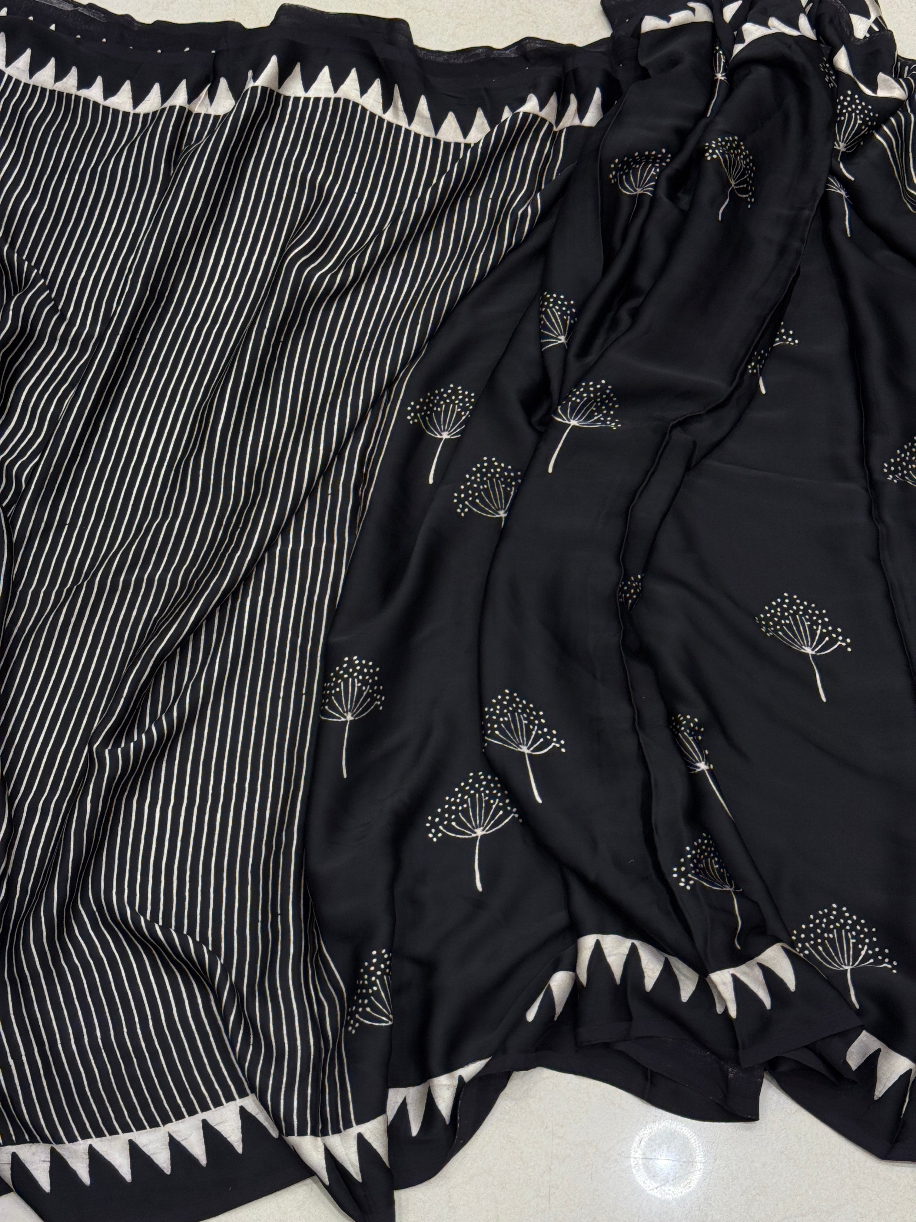 Black Contemporary Tree Buttis Ajrakh Block Print Hand Pure Gajji Silk Saree