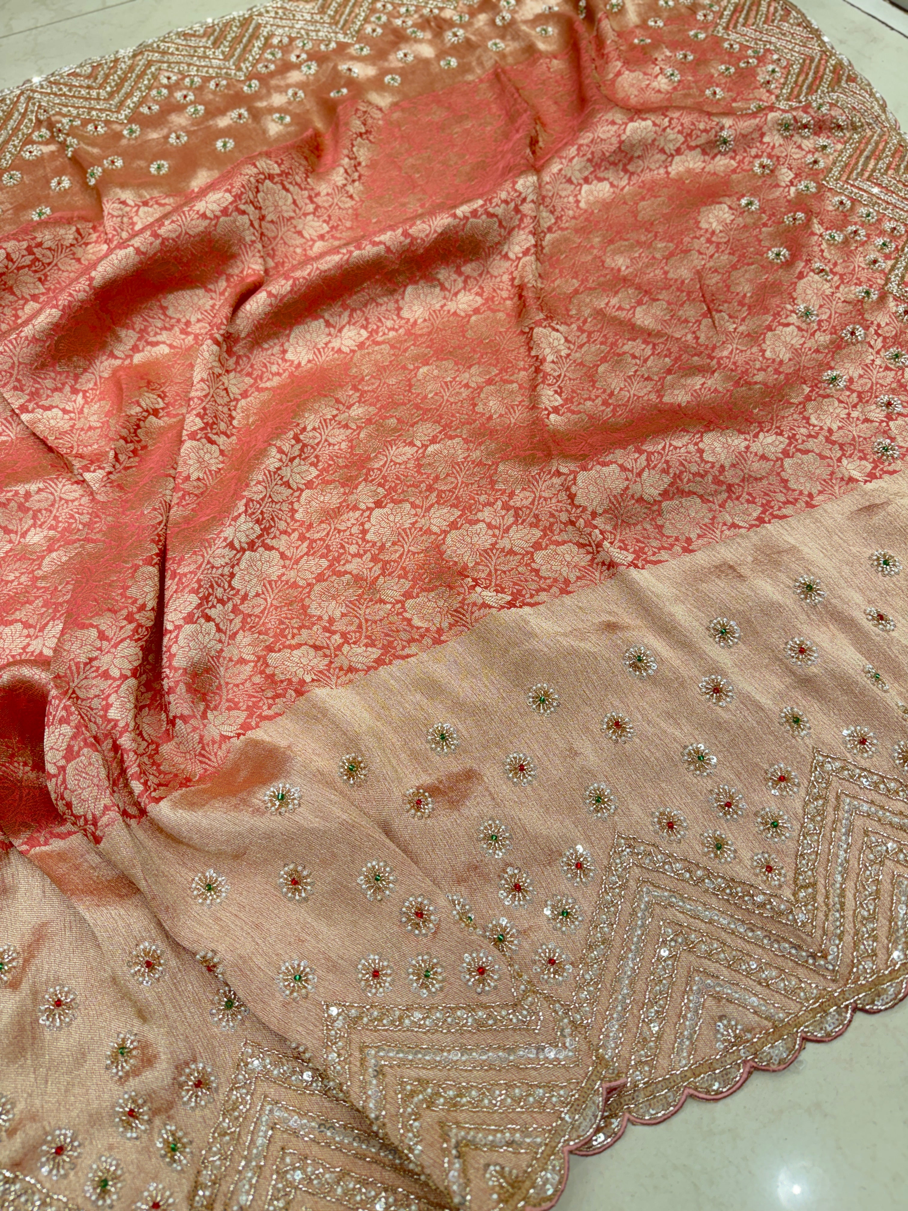 Pink Floral Weave Soft Silk Moti Crystal Embroidery Saree