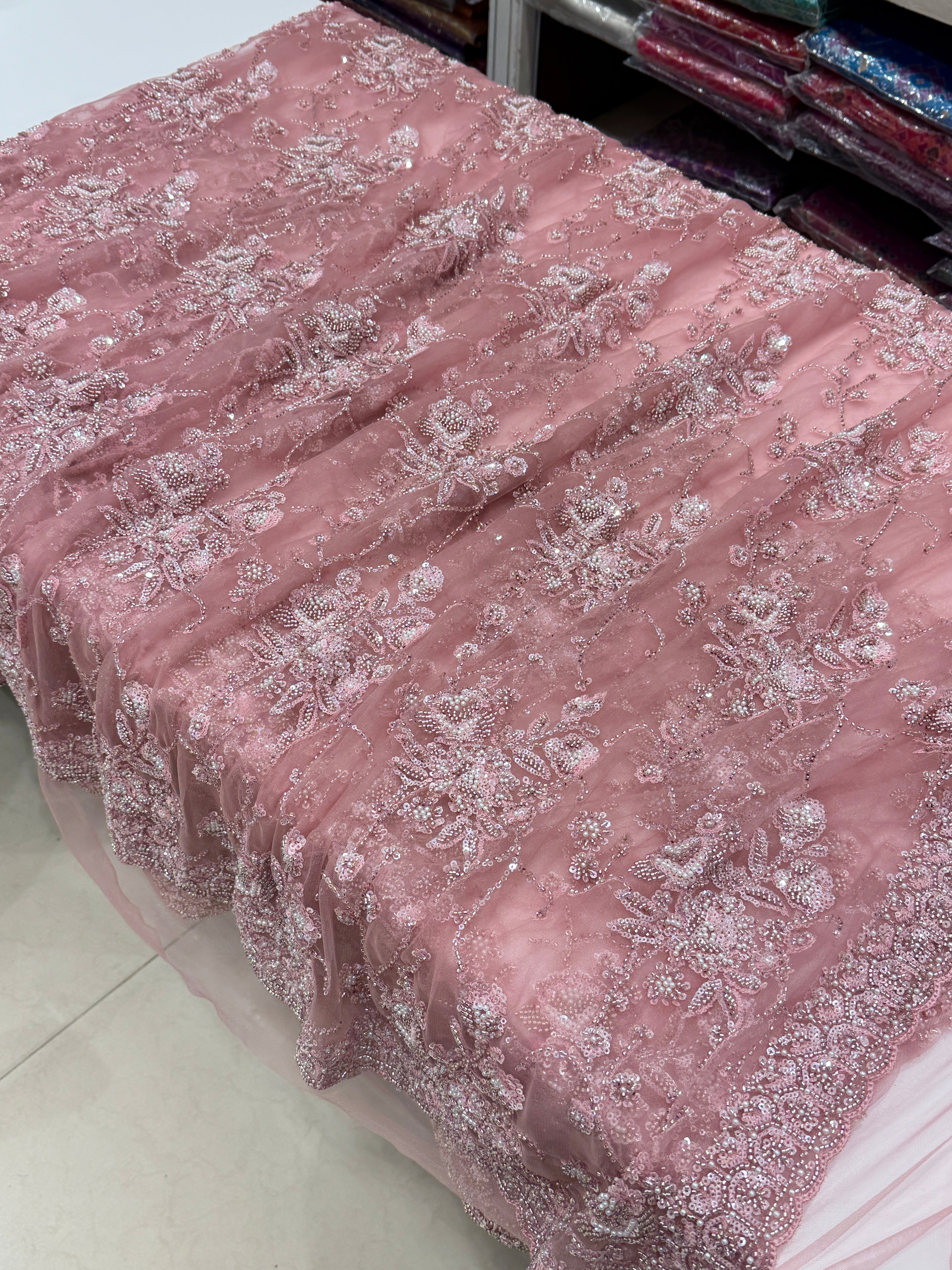 Pink Moti Sequin Heavy Soft Net Embroidery Saree