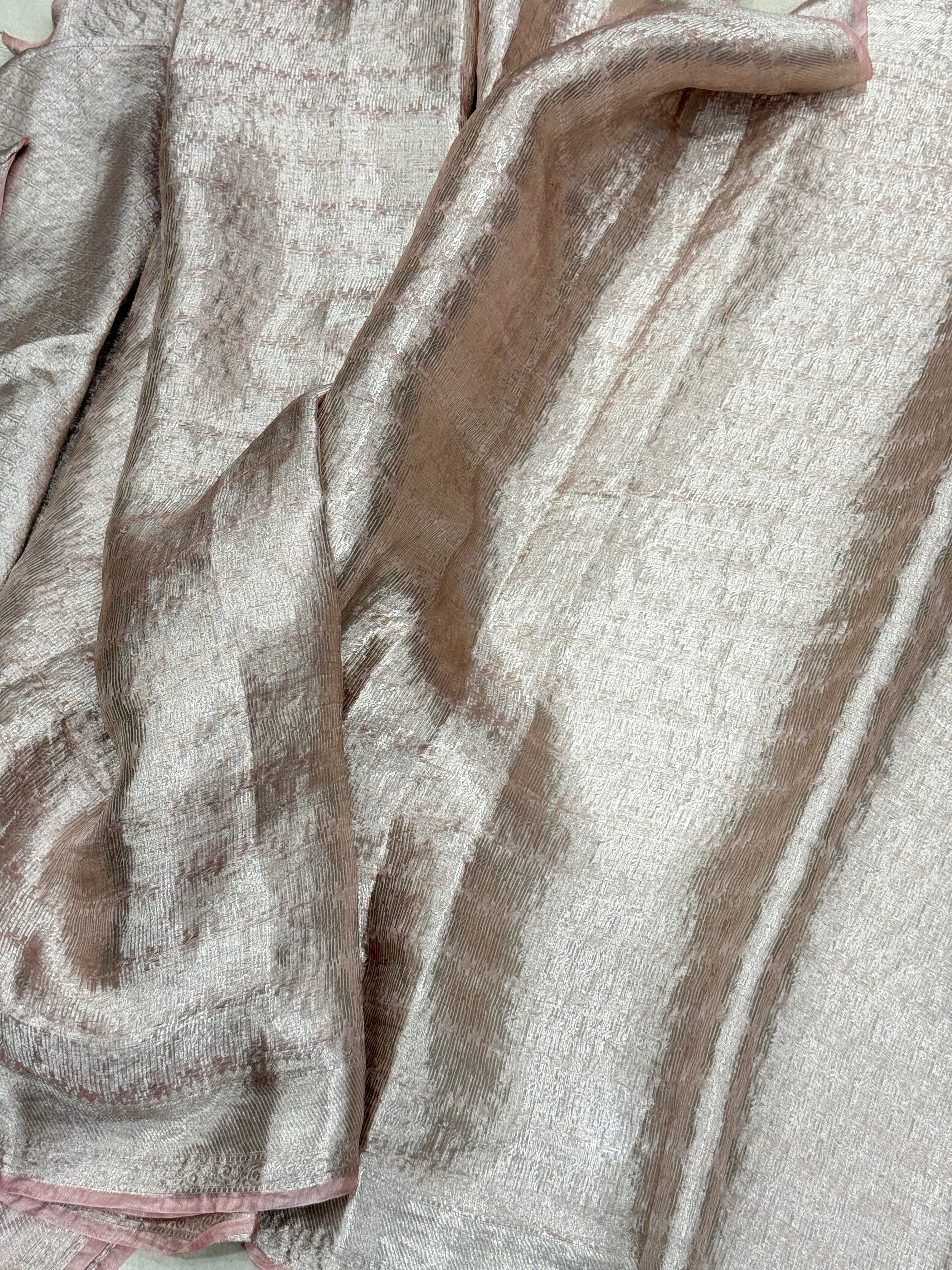 Nude Pink Silver Handloom Tissue Peacock Contemporary Resham Embroidery Saree