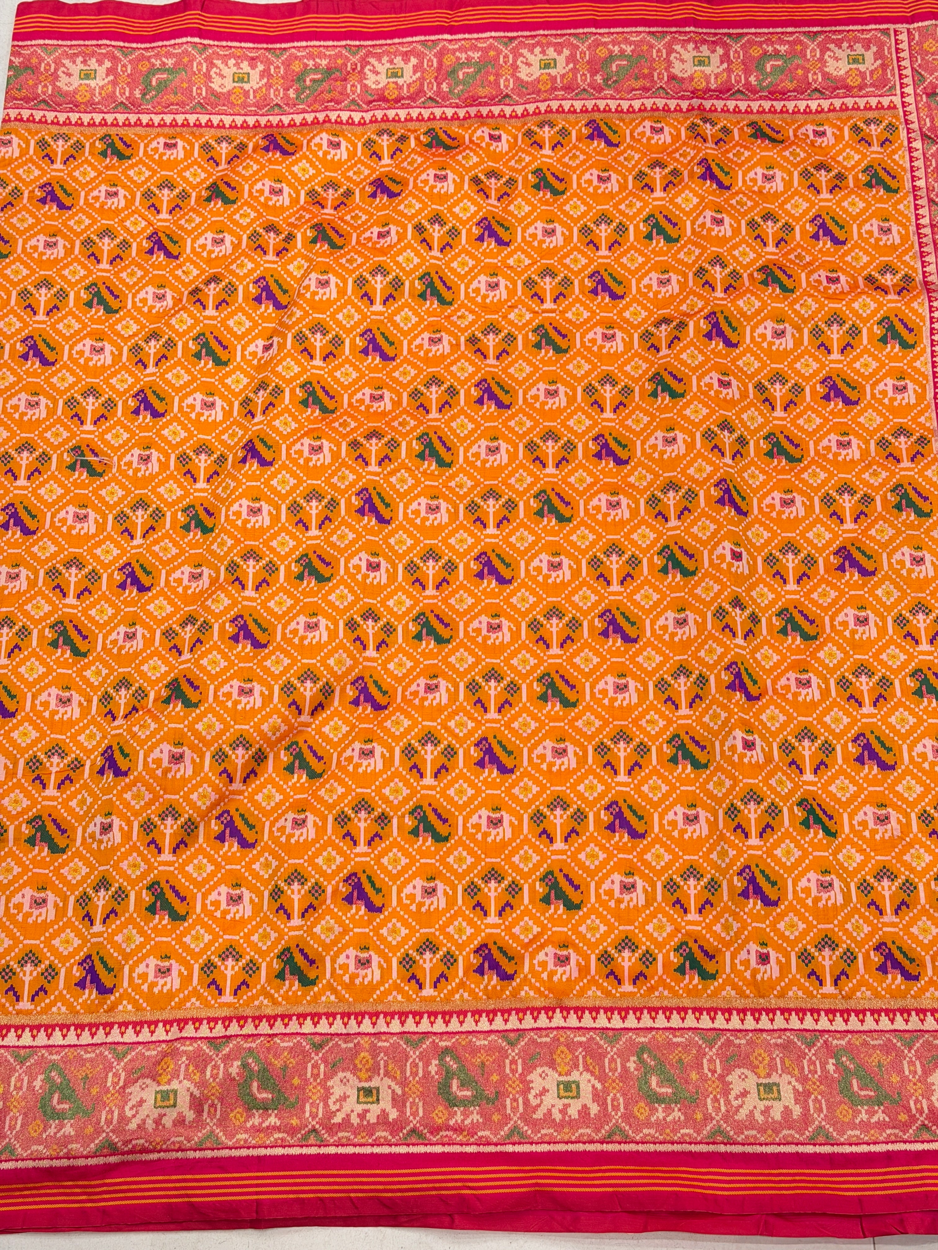Orange Red Elephant Jaal Semi Silk Weaved Patan Patola Saree