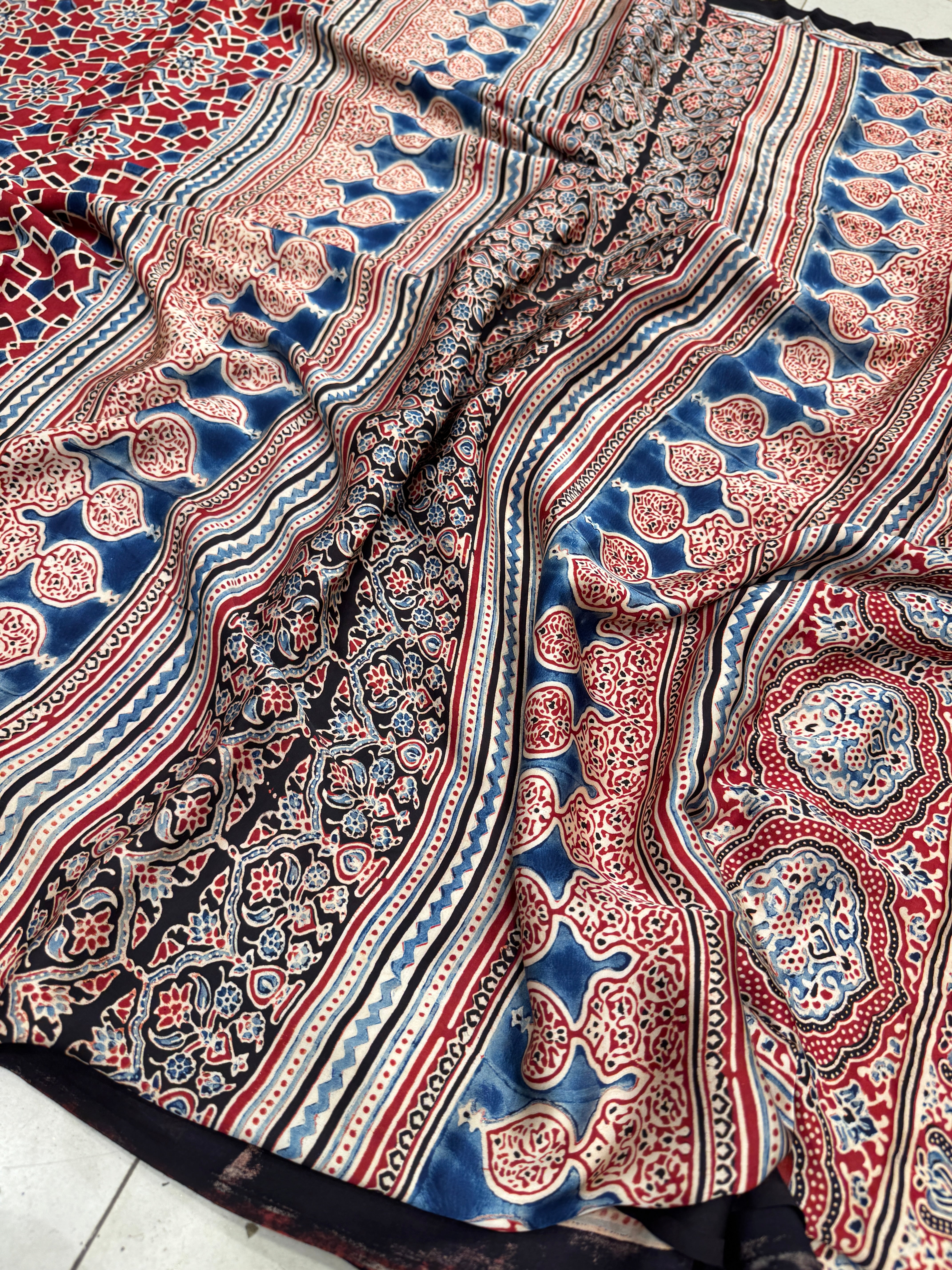 Red Contemporary Jaal Ajrakh Gajji Silk Hand Block Print Saree