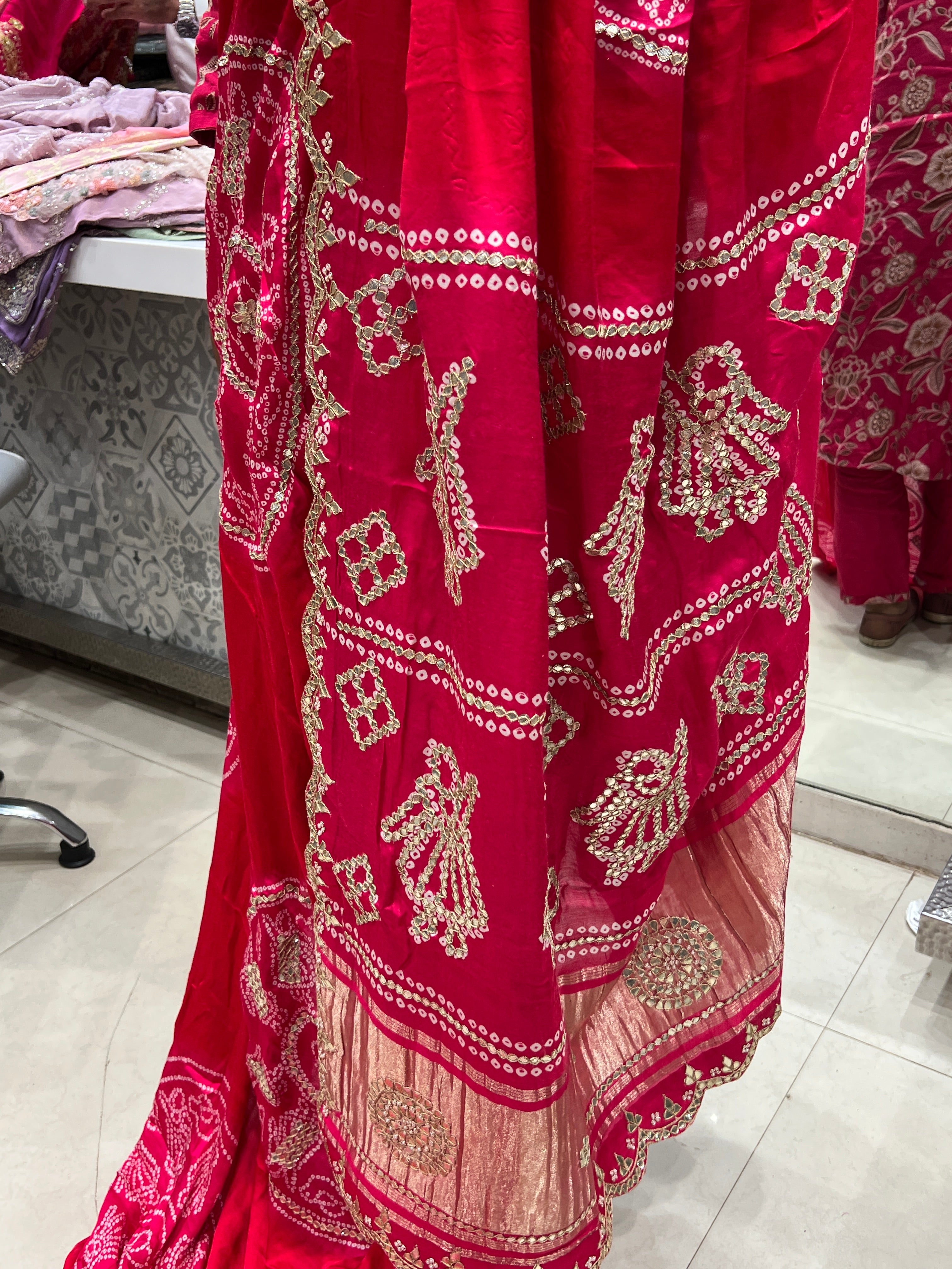Red Rani Pallu Bandhej Gajji Silk Gotapatti Saree