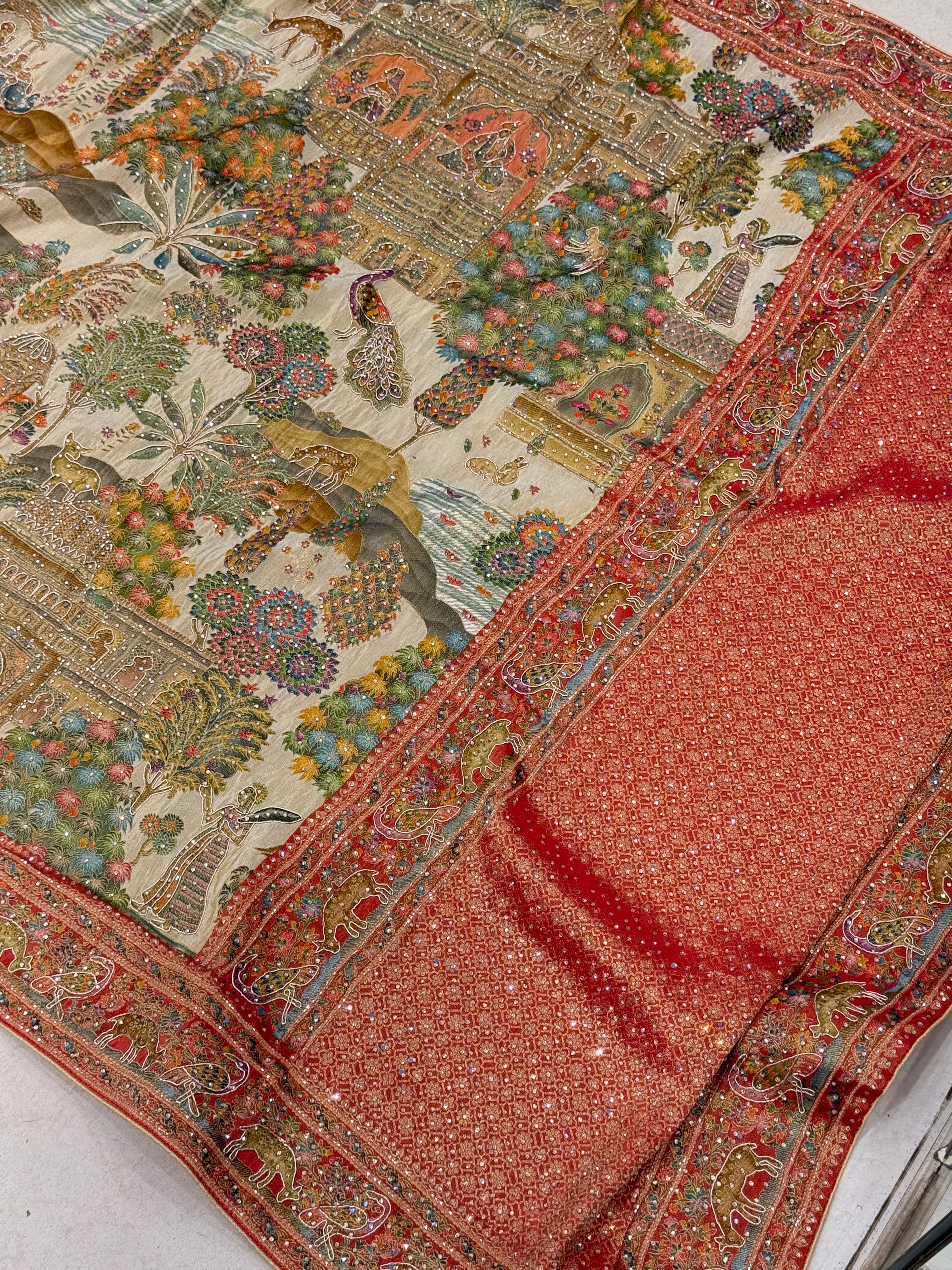 Jodha Akbar Theme Munga Tissue Hand Embroidery Saree