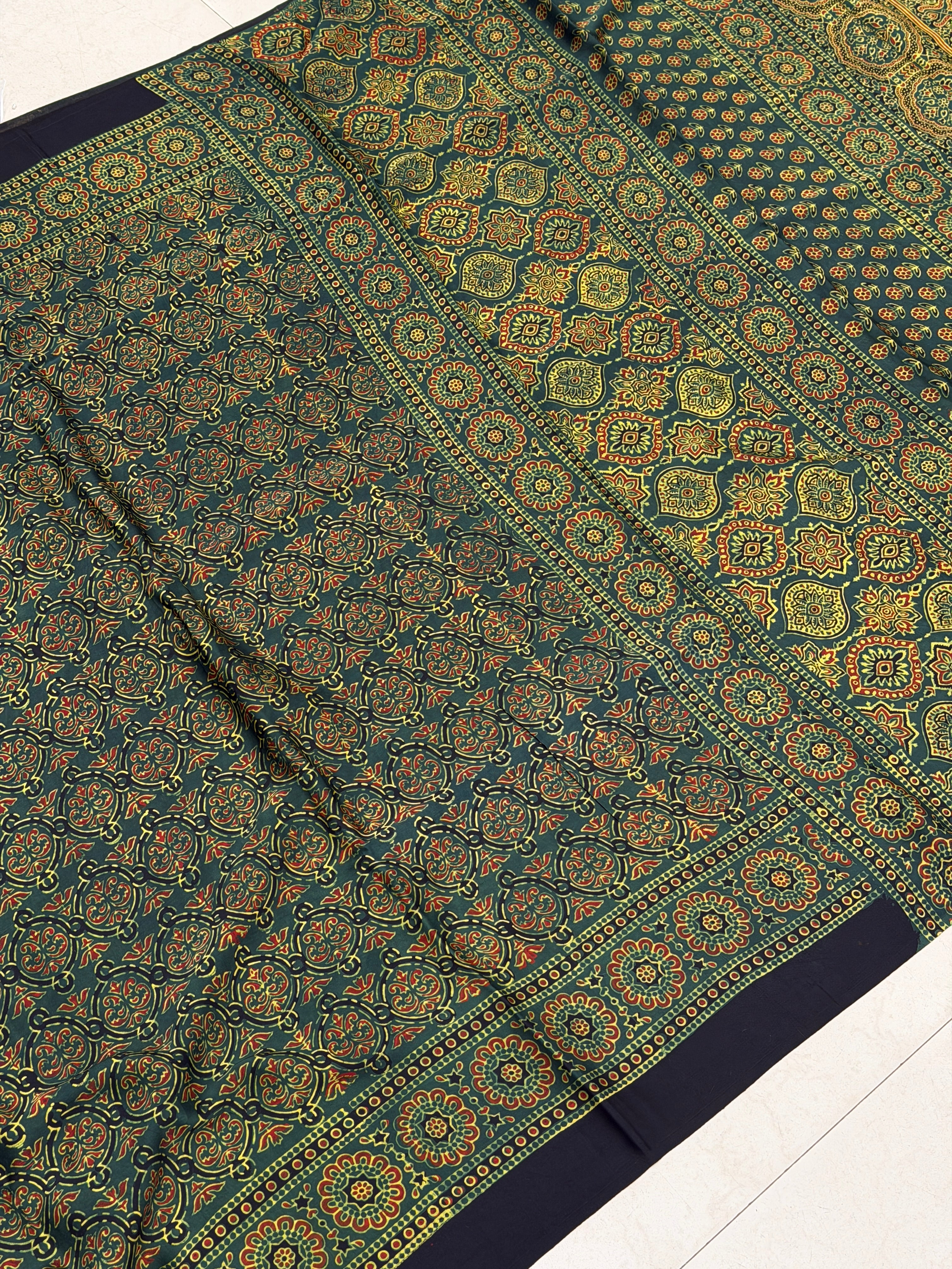 Green Ajrakh Hand Block Print Pure Modal Silk Saree