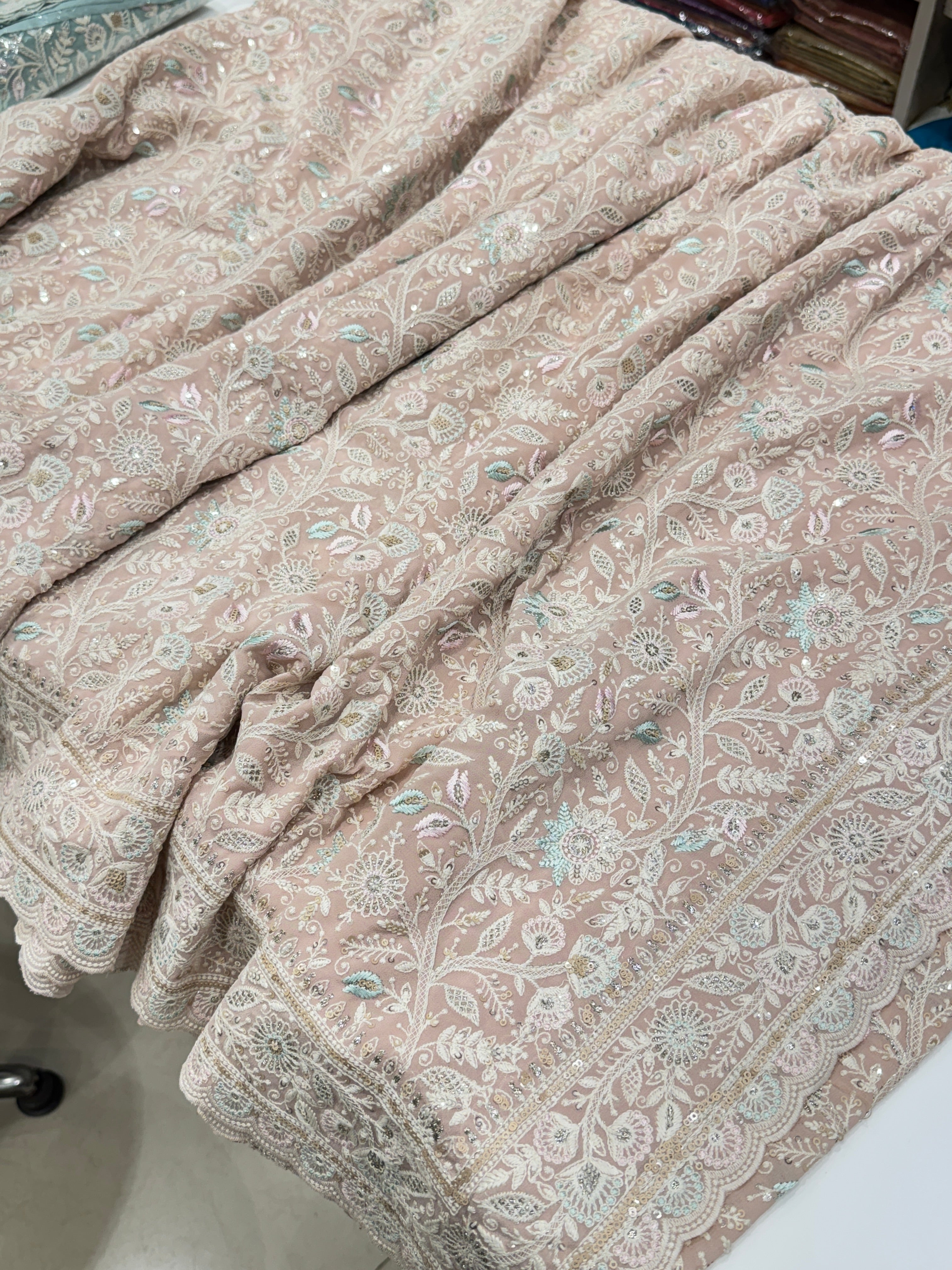 Nude Pink Meenakari Chikankari Scallop Design Saree