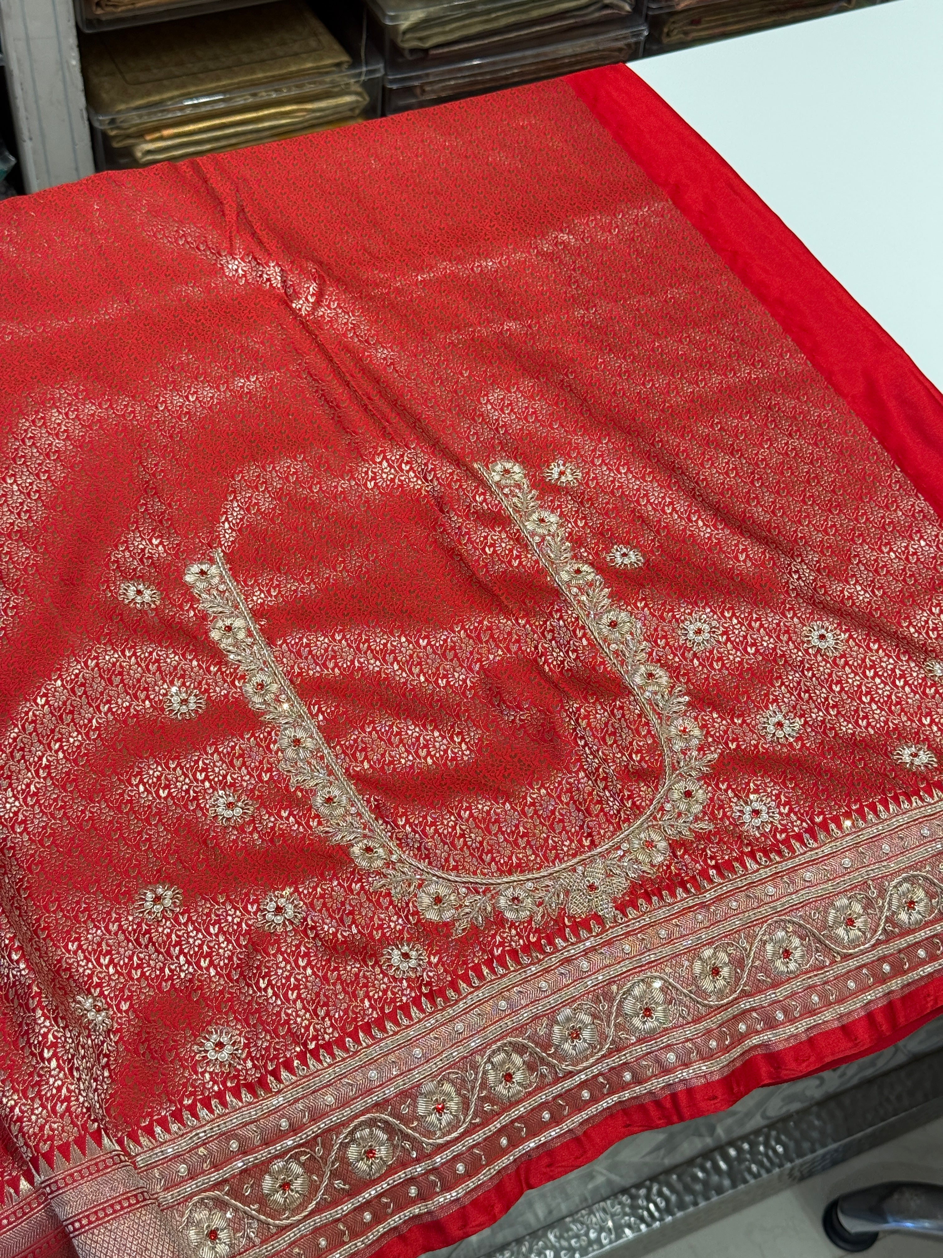 Red Banarasi Silk Small Butti Crystal Zardozi Hand Embroidery Saree