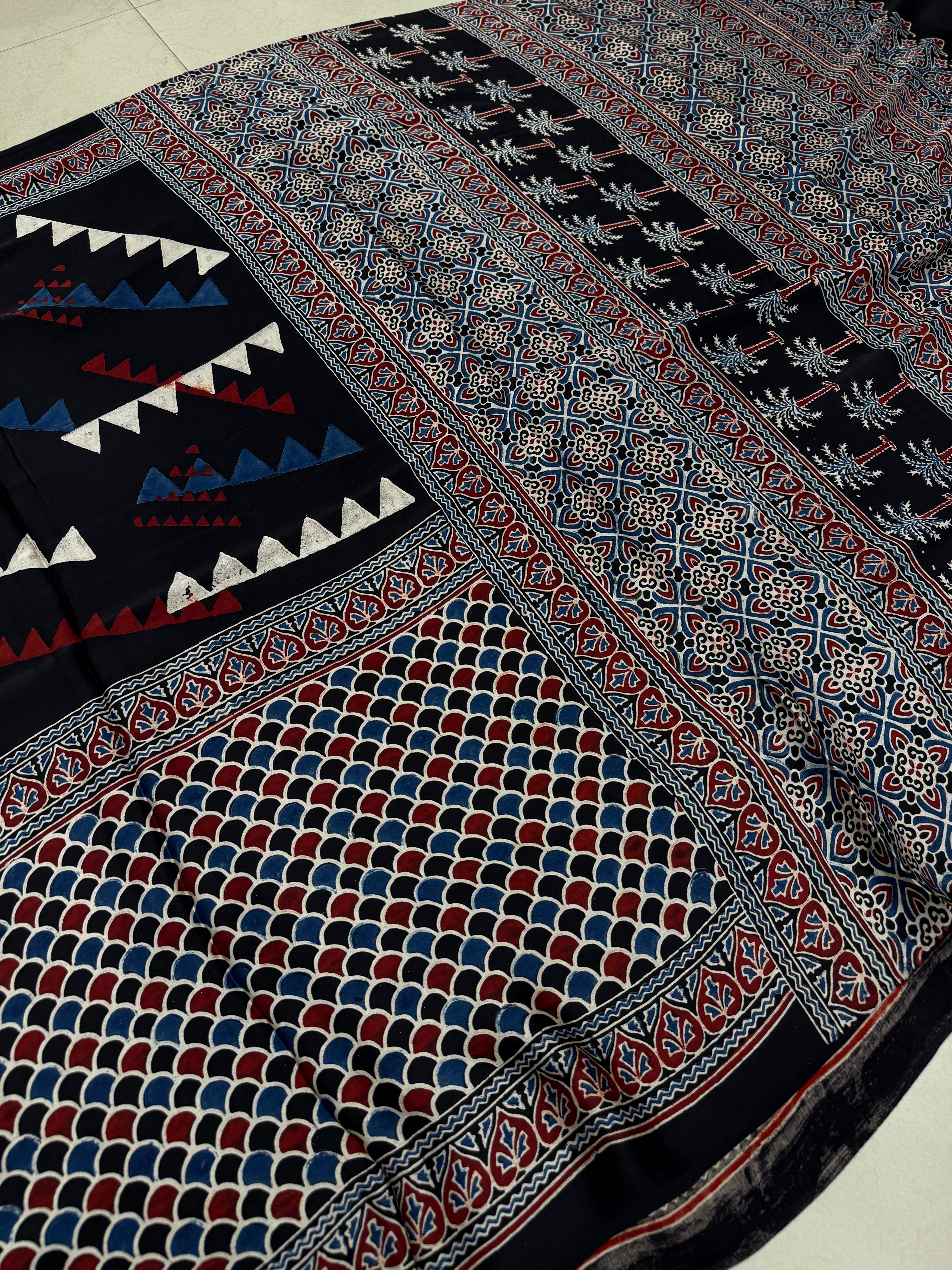 Black Contemporary Ajrakh Block Print Hand Pure Gajji Silk Saree