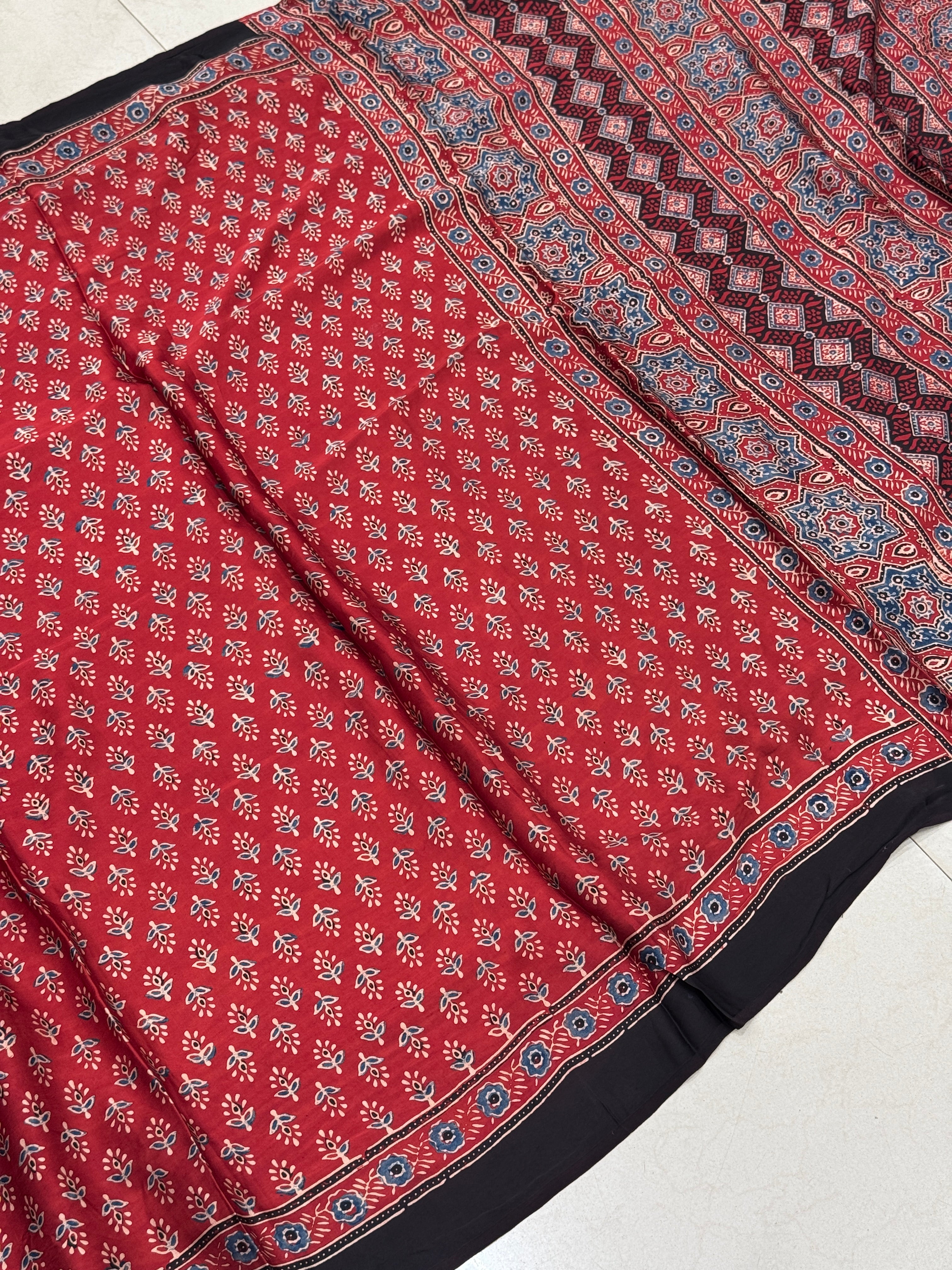 Red Buttis Ajrakh Saree Modal Gajji Silk Hand Block Print