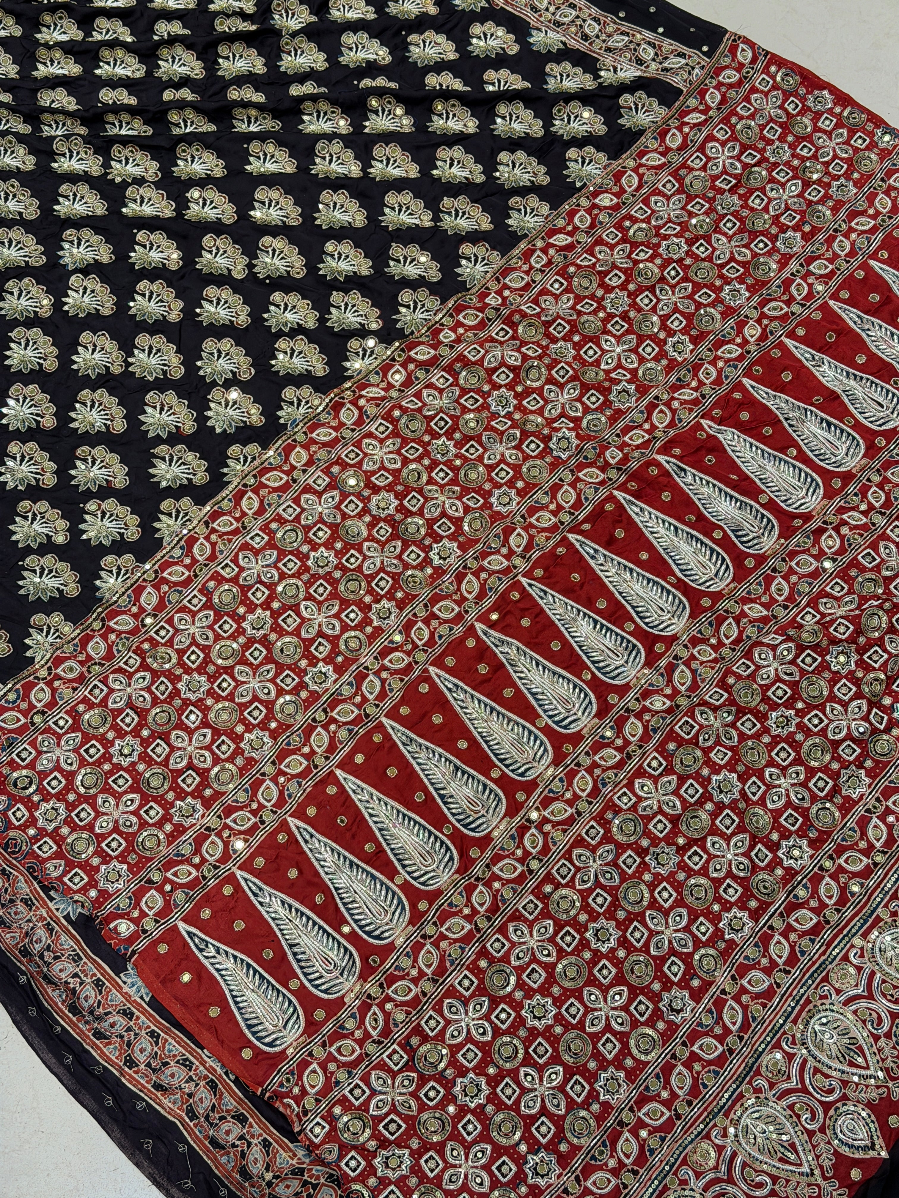 Black Butta Red Pallu Pita Sequin Moti Ajrakh Hand Embroidery Saree