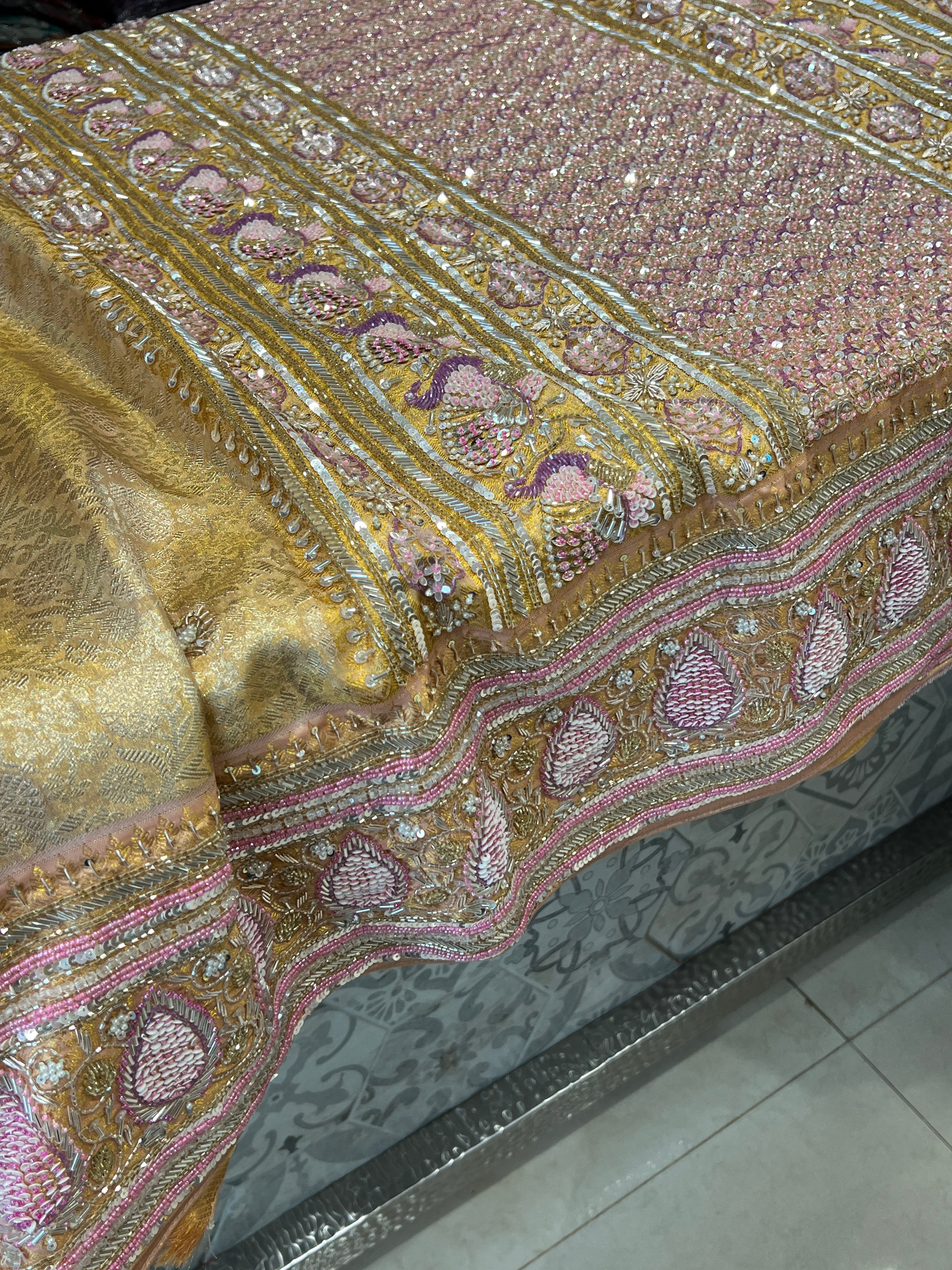 Golden Kanjivaram Moti Zardosi Hand Embroidery Saree