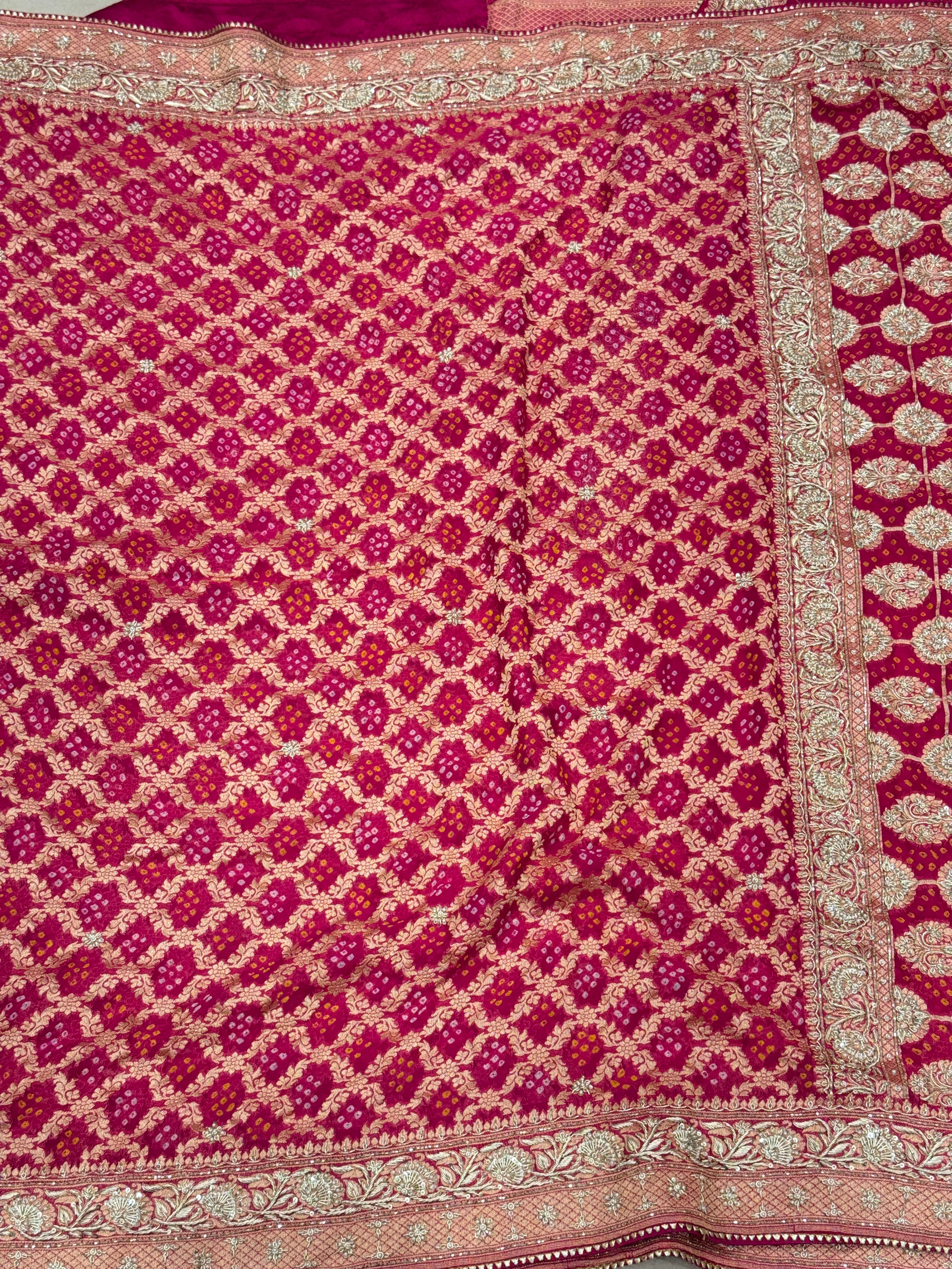 Rani Bandhej Zardosi Hand Embroidery Saree