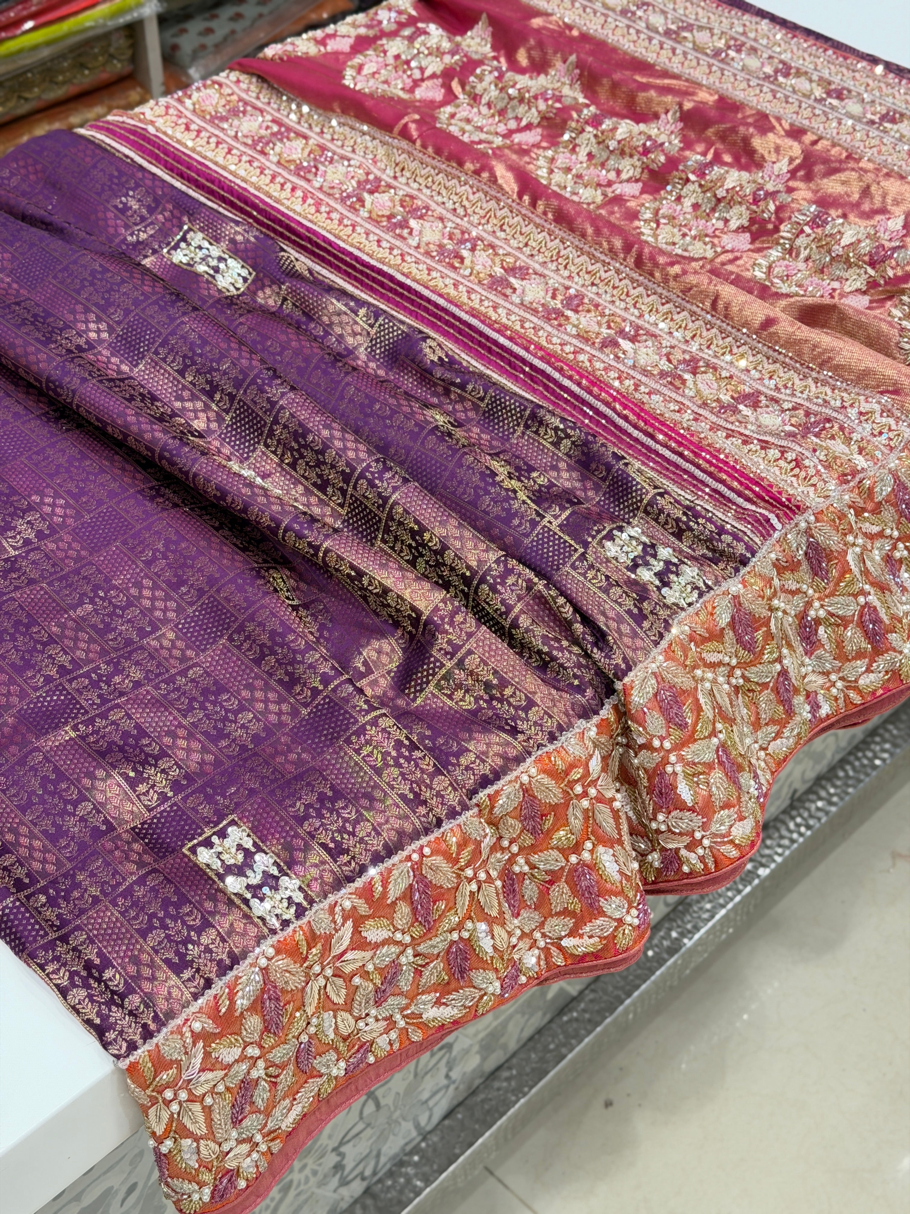 Violet Orange Kanjivaram Zardosi Moti Hand Embroidery Saree with Heavy Blouse