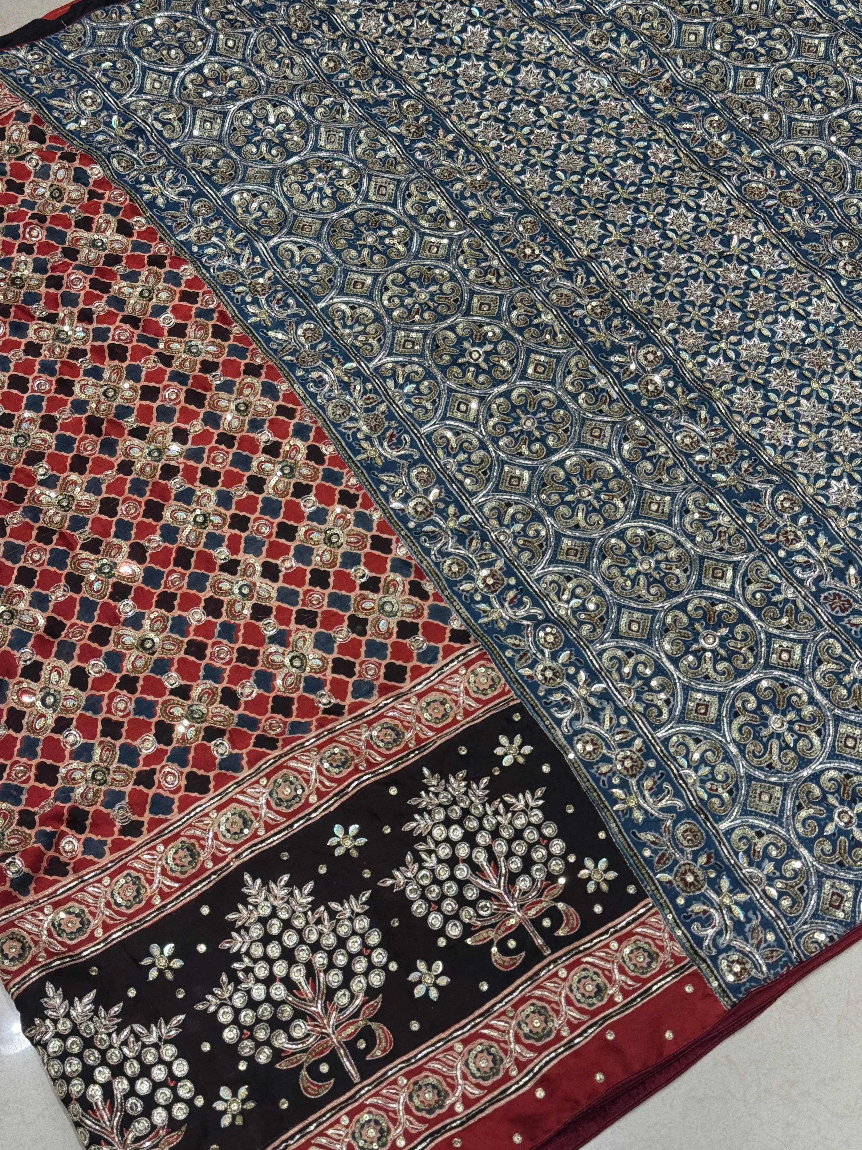 Red Blue Jali Buttas Pita Sequin Ajrakh Hand Embroidery Saree