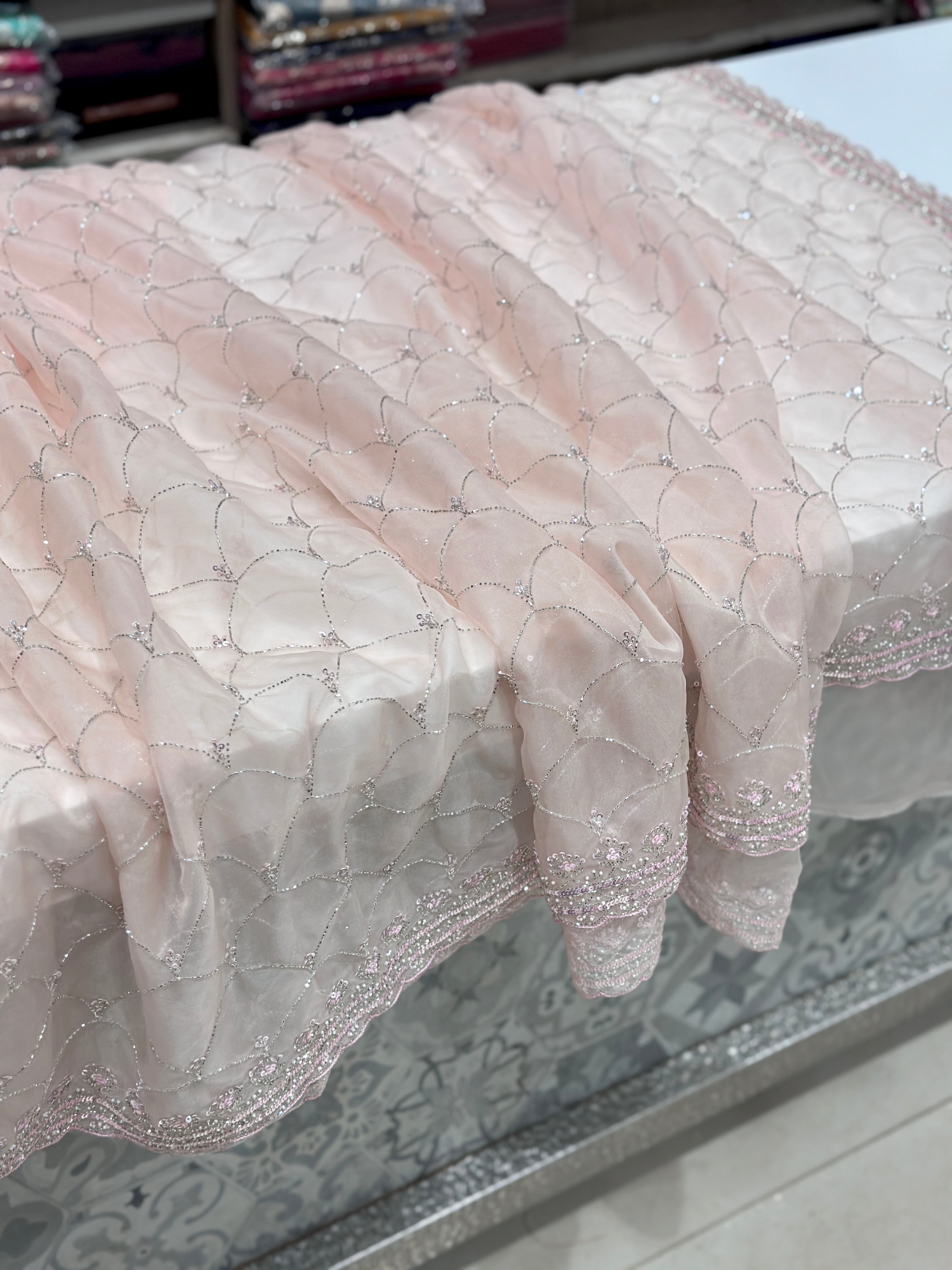 Pink Organza Moti Sequin Salli Embroidery Saree