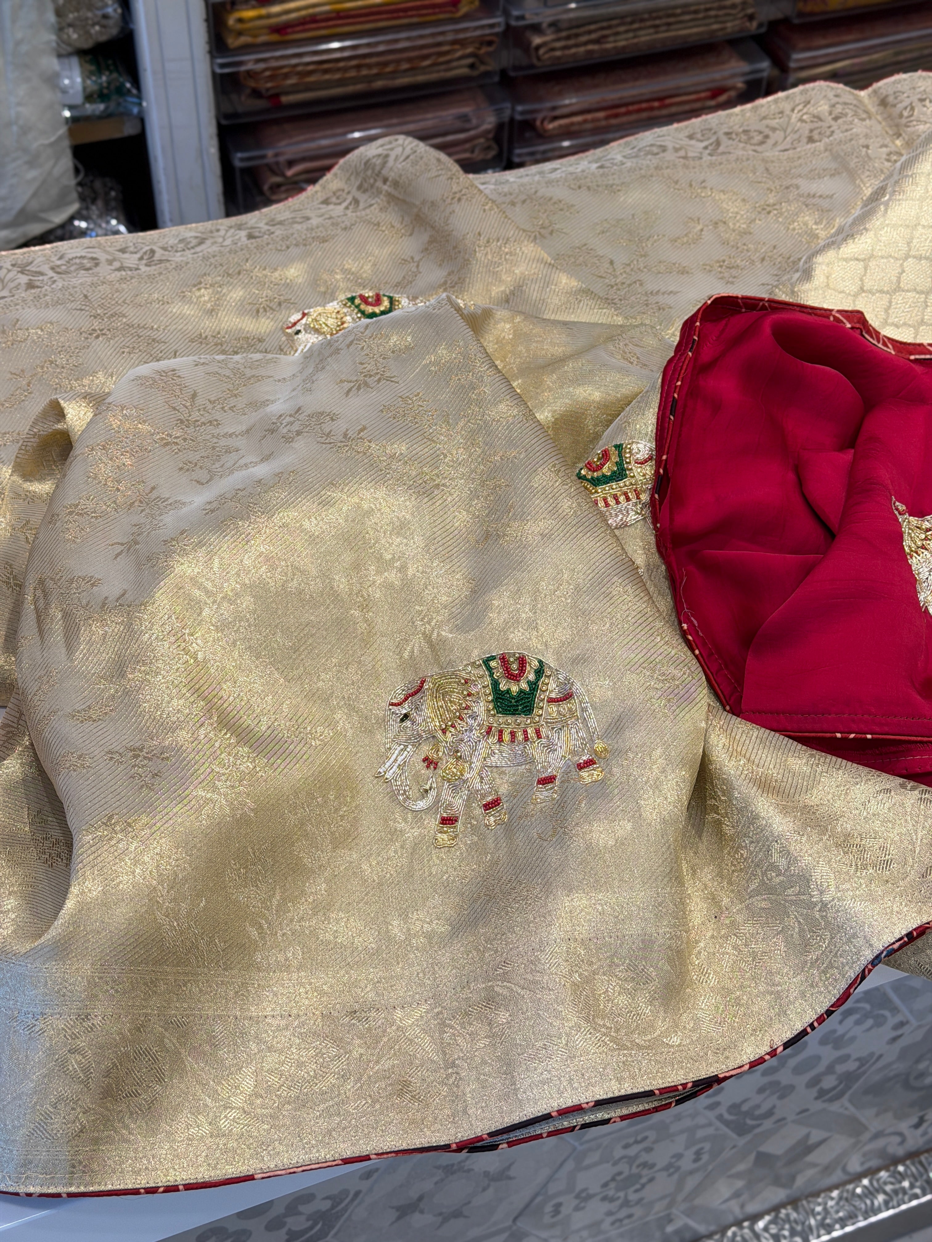 Gold Tissue Gajraj Edit Hand Embroidery Saree