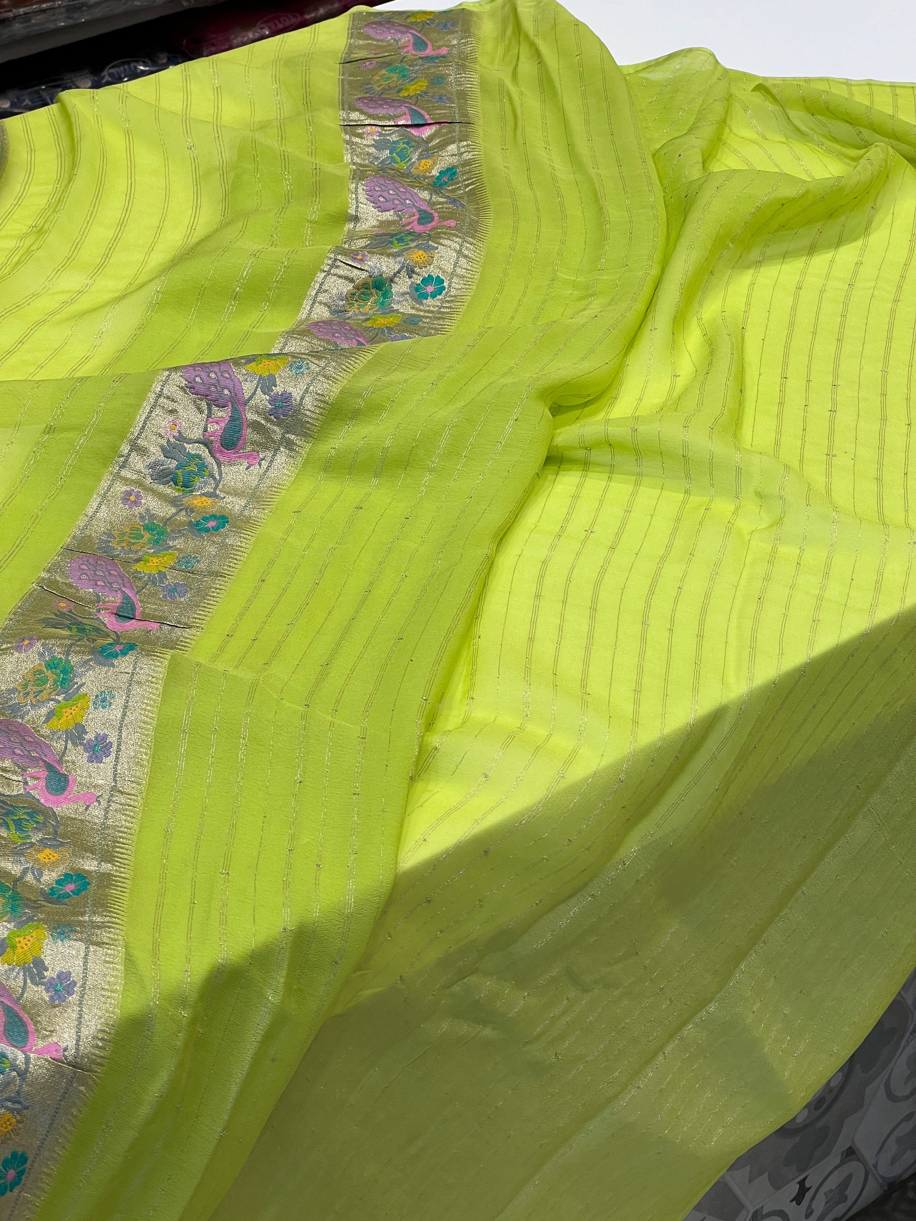 Parrot Green Banaras Khaddi Georgette Paithani