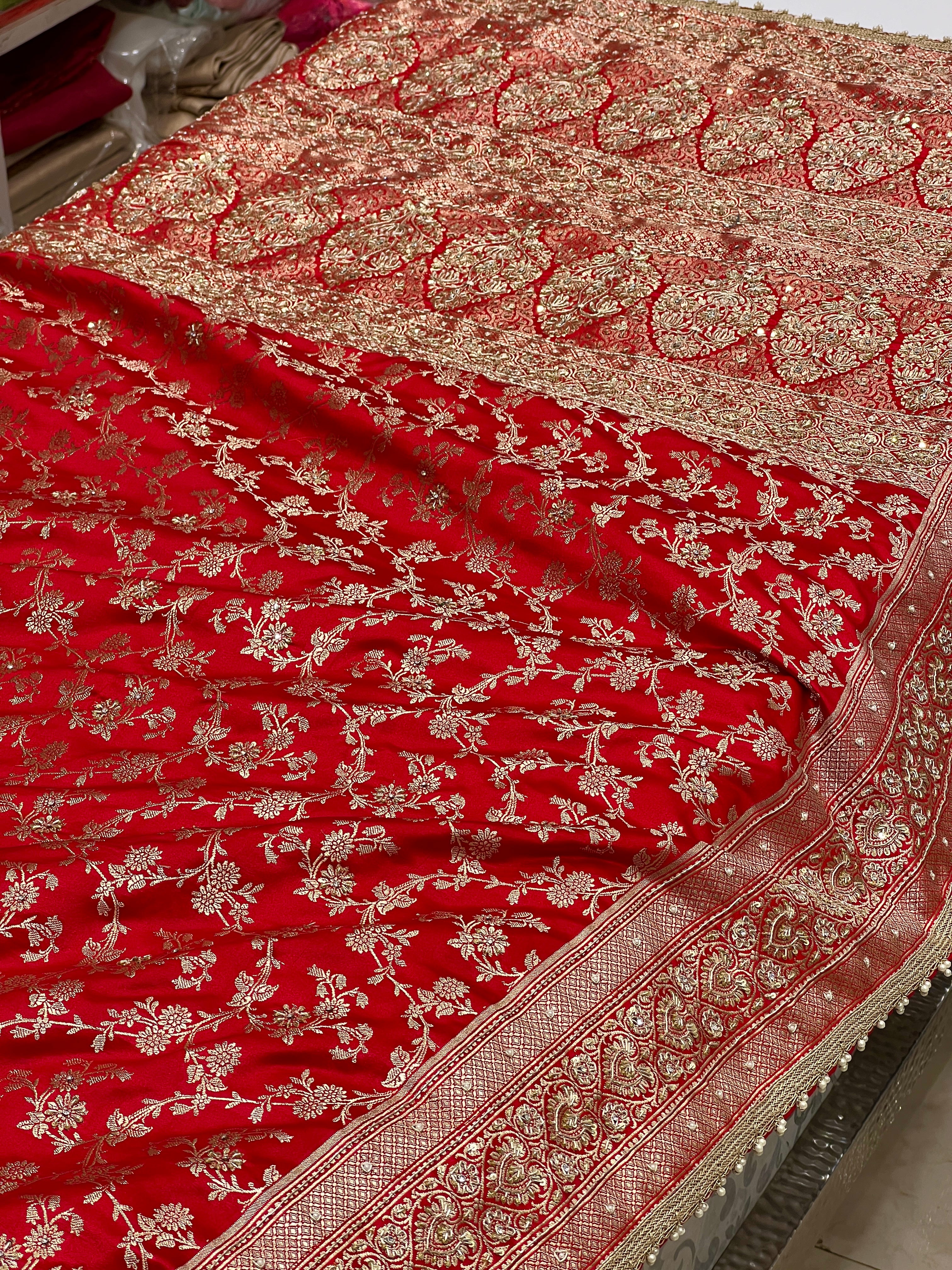 Red Banarasi Zardosi Hand Embroidery Saree