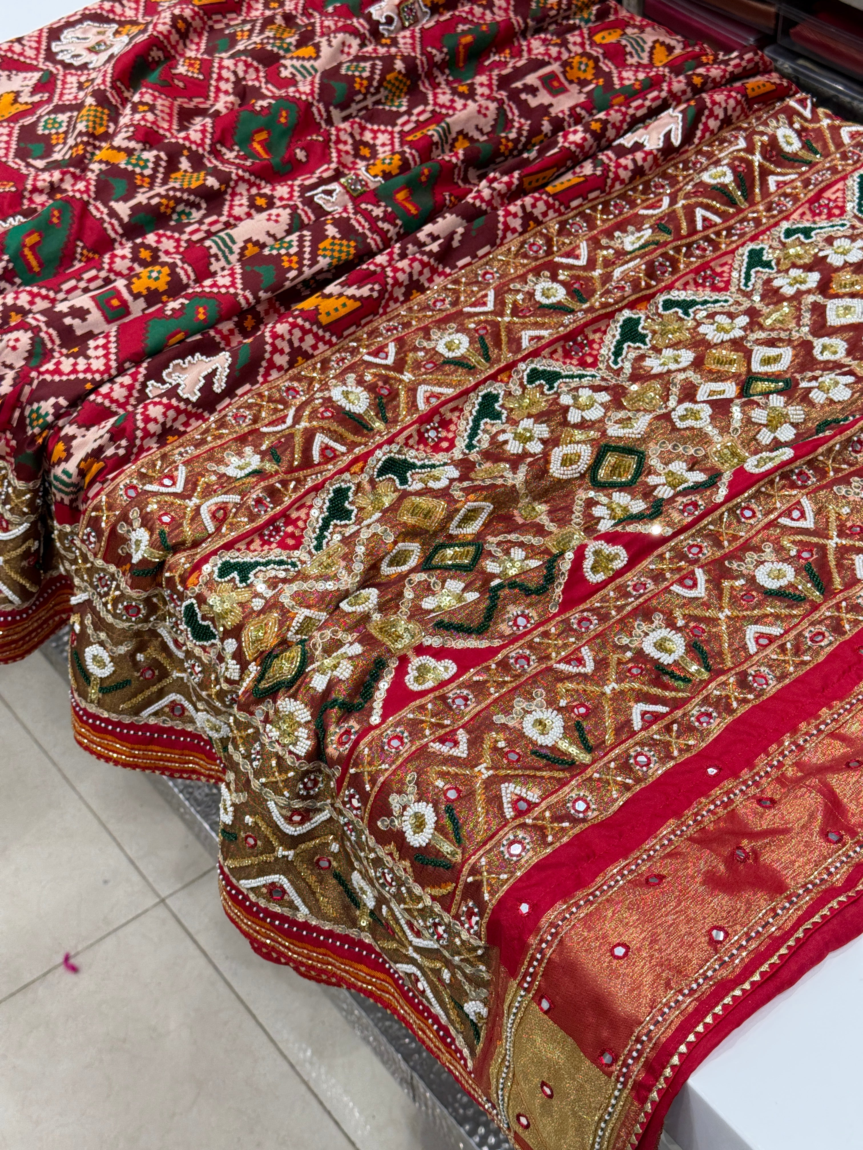 Red Nari Kunjar Bhat Patola Kidiya Moti Hand Embroidery Saree