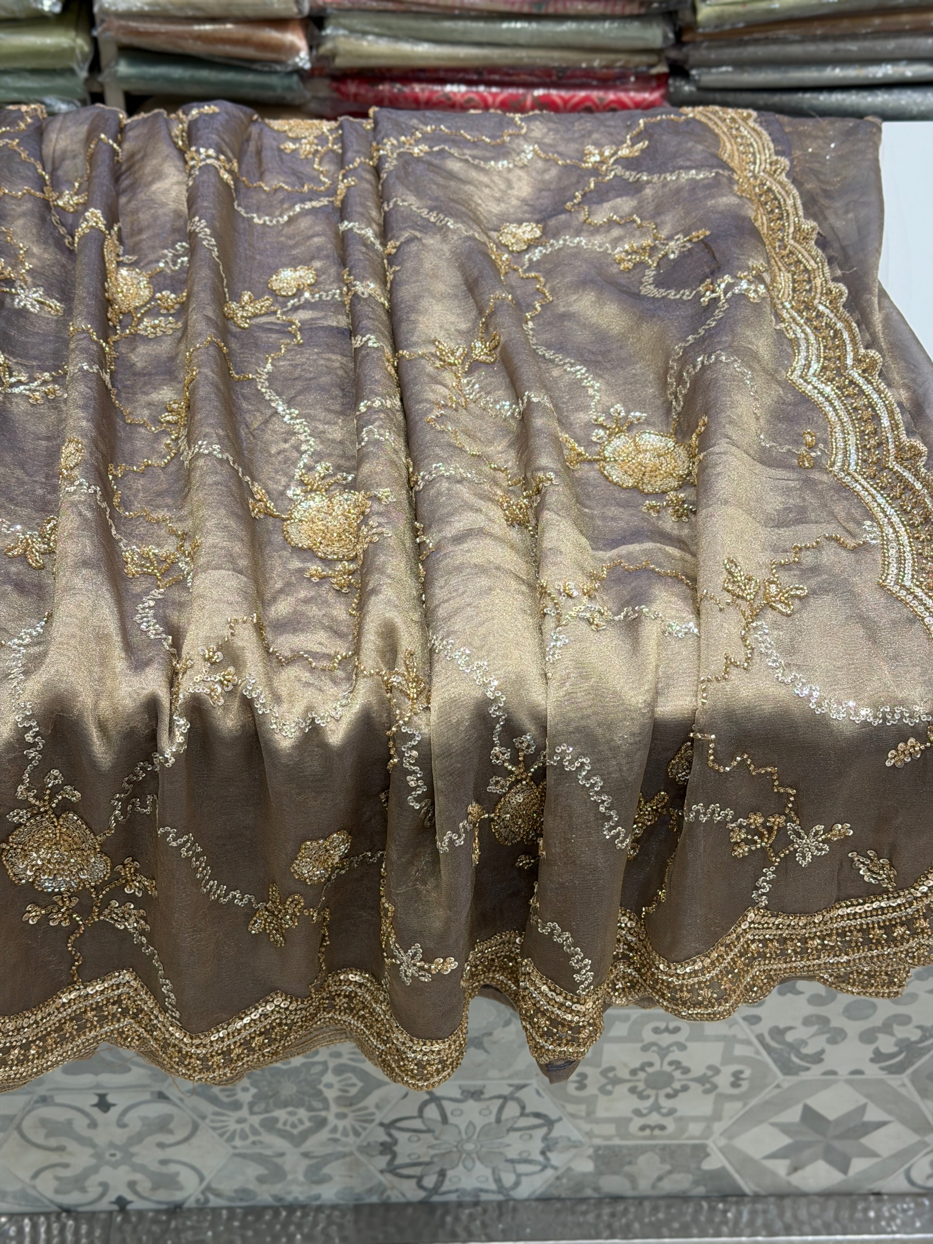 Dark Champagne Soft Tissue Moti Embroidery Jaal Saree