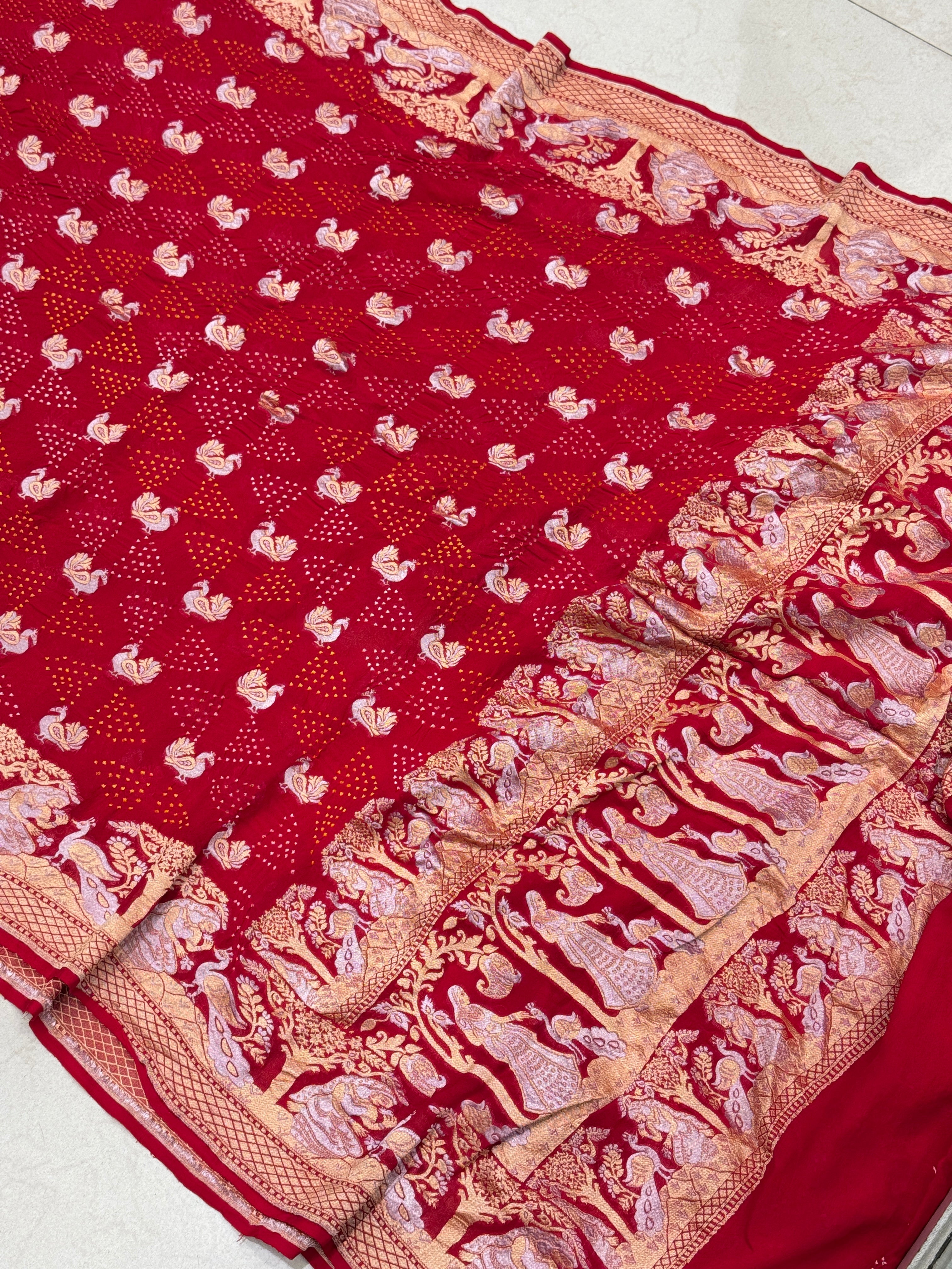 Red Sona Roopa Handmade Bandhej Saree
