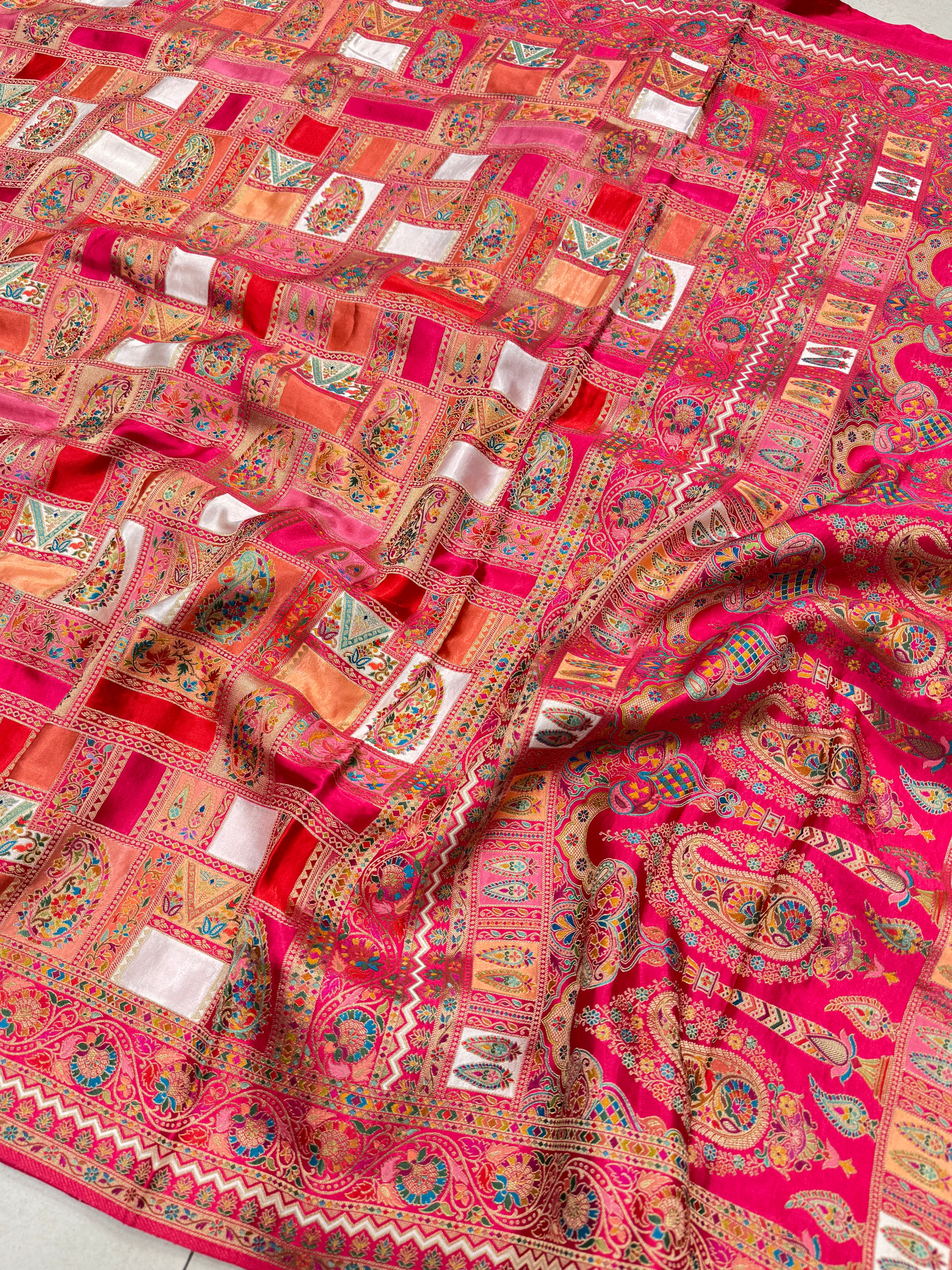 Moti White Check Rani Banarasi Modal Rangkat Saree