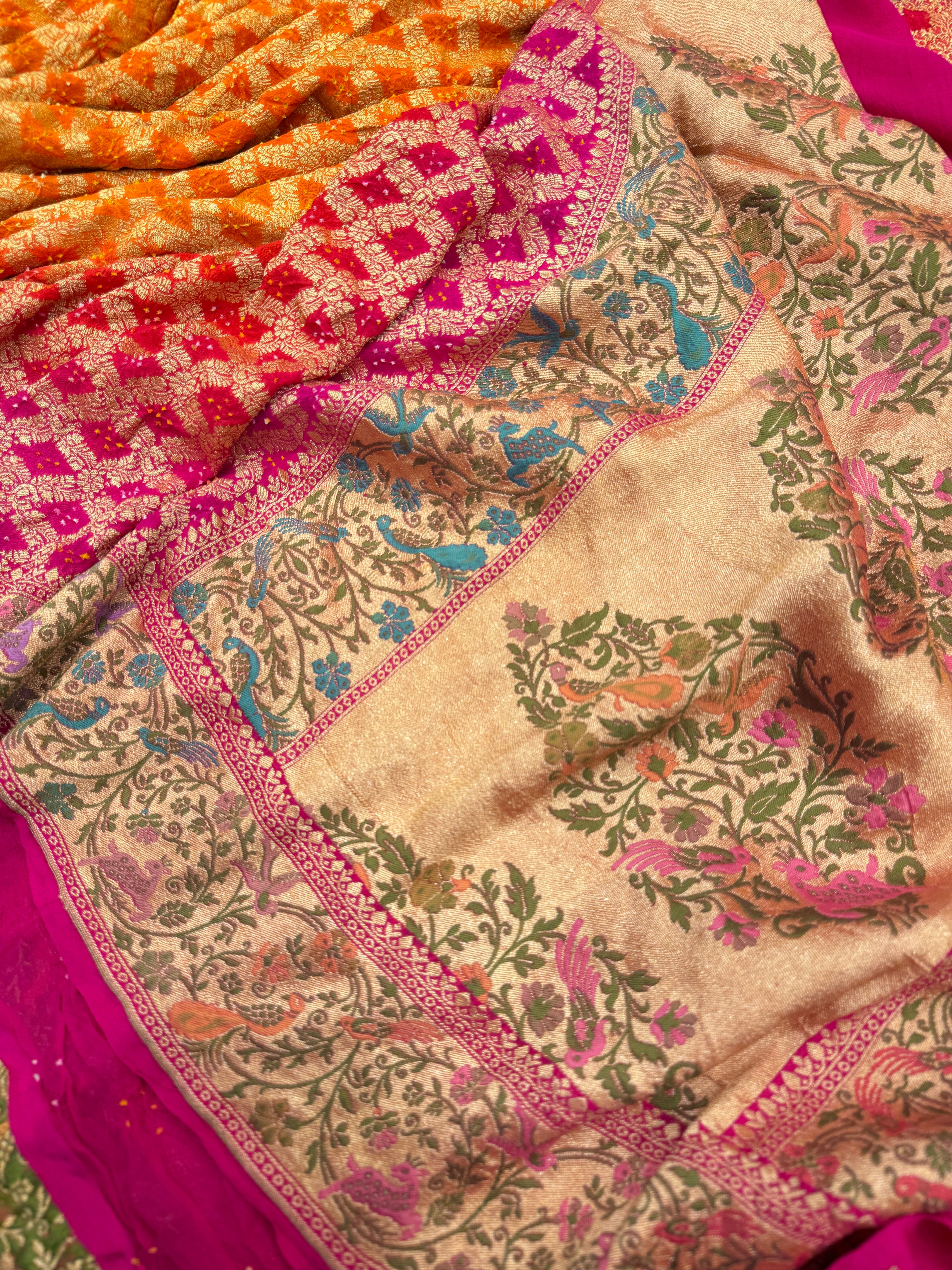 Rani Orange Shaded Shikara Border Meenakari Rai Bandhej Georgette Bandhini Saree