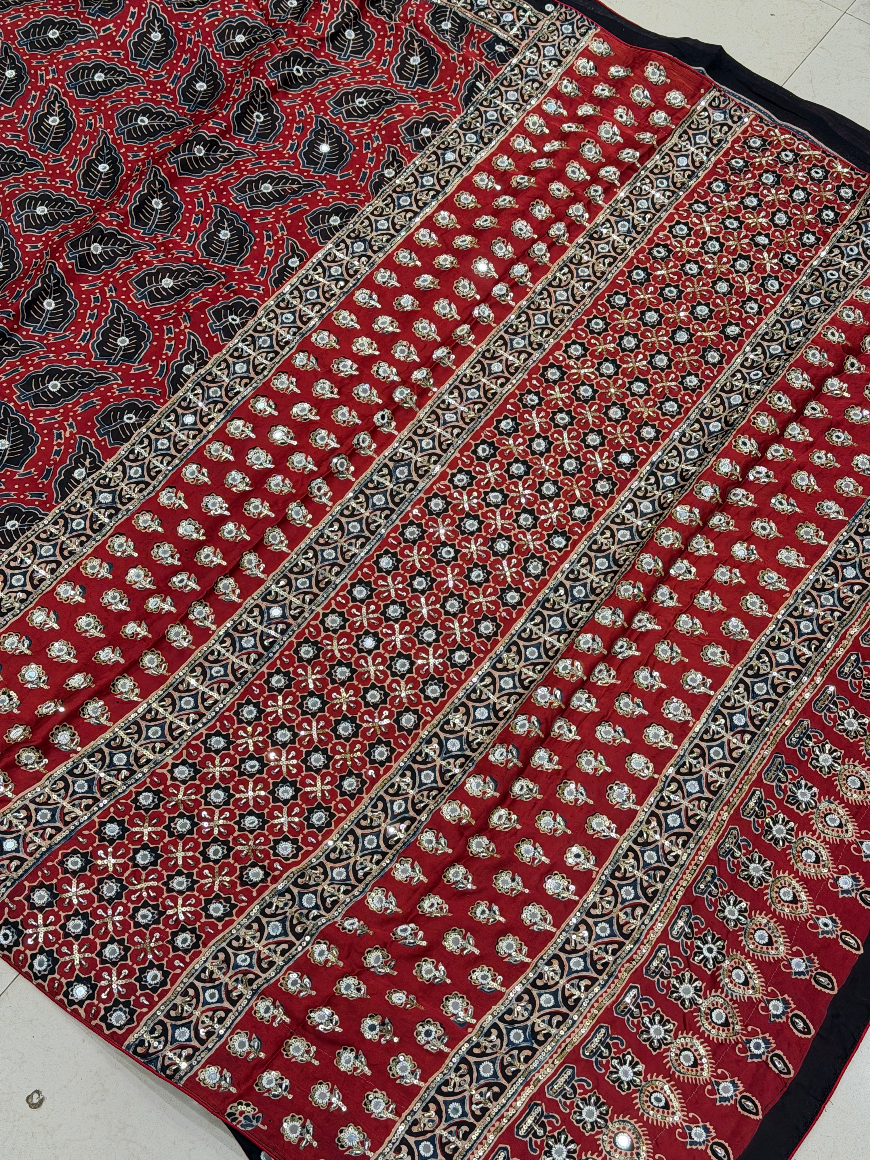Red Leaf Buttas Ajrakh Real Mirror Moti Sequin Hand Embroidery Saree
