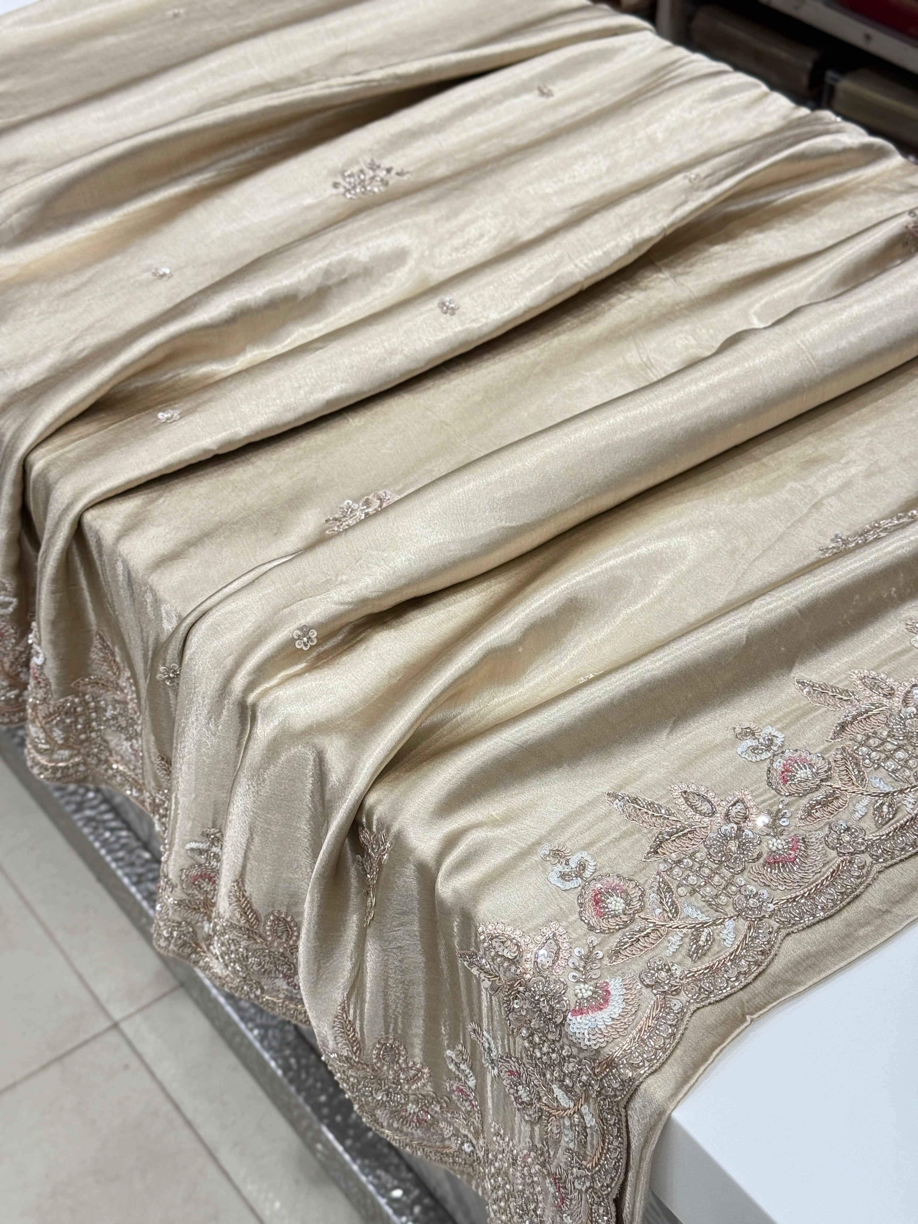 Champagne Satin Hand Embroidery Zardosi Saree