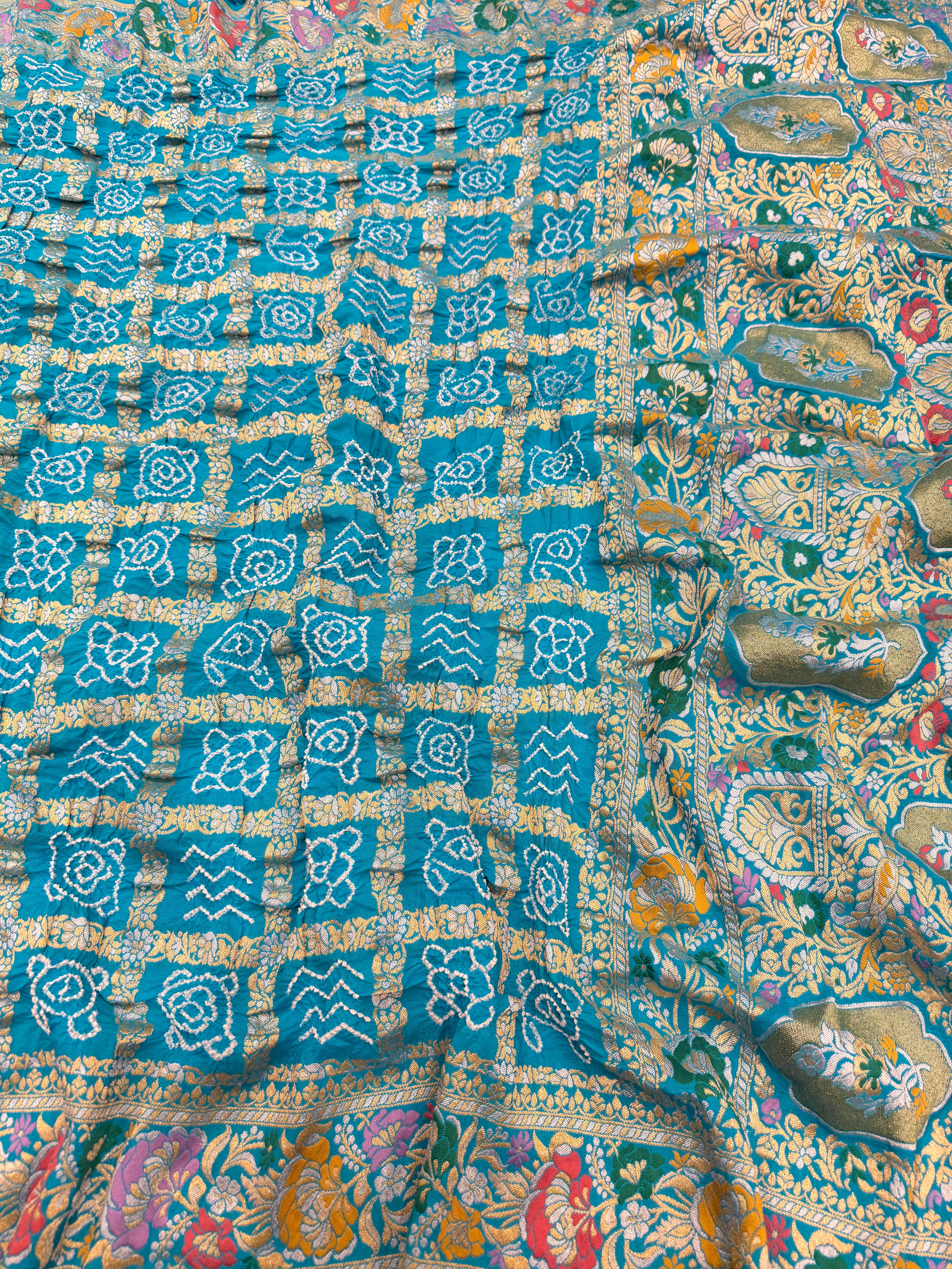Blue Meenakari Border Gharchola Style Pure Handloom Bandhej Georgette Saree