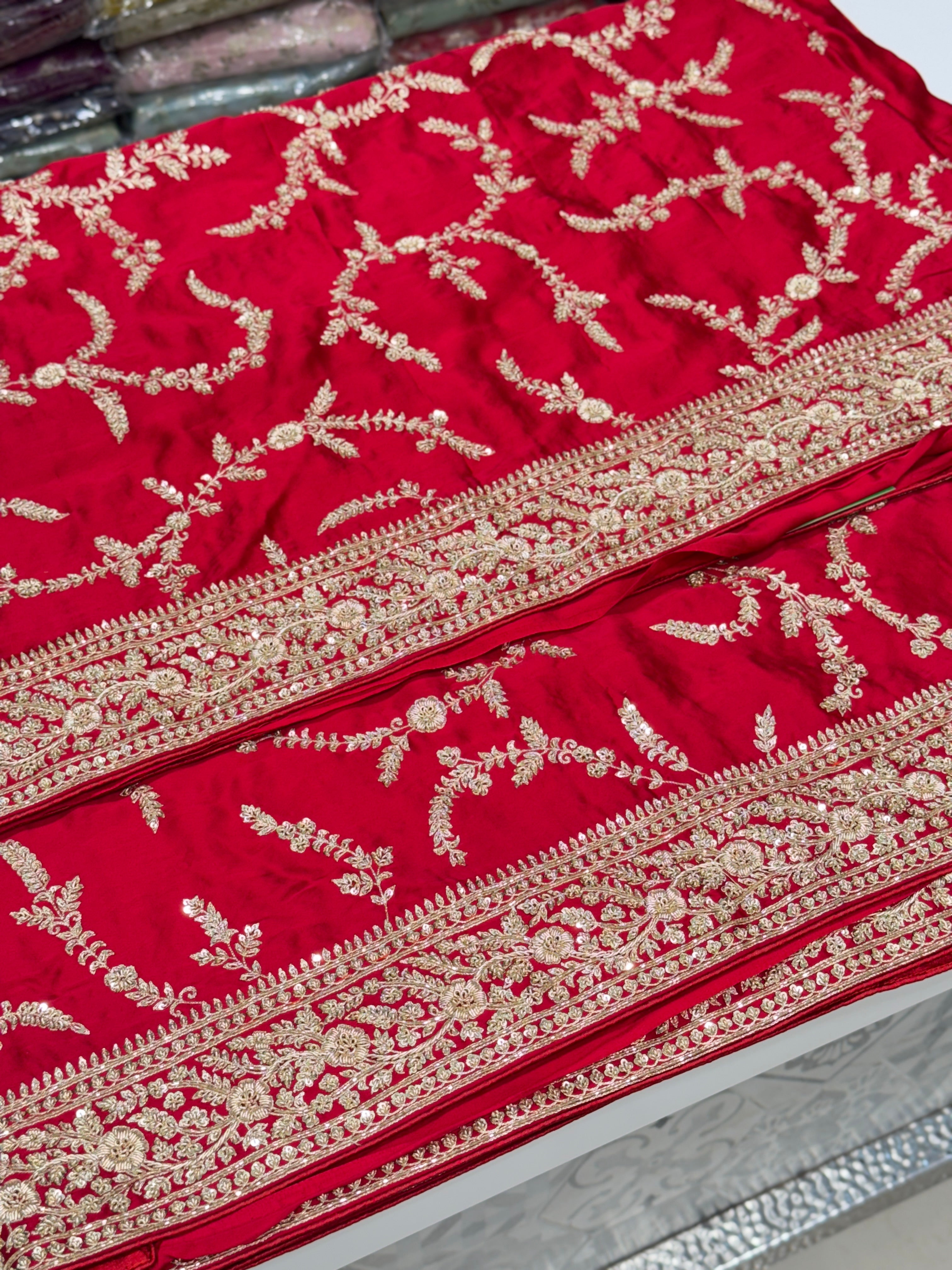 Red Hand Embroidery Jaal Pure Satin Zardosi Embroidery