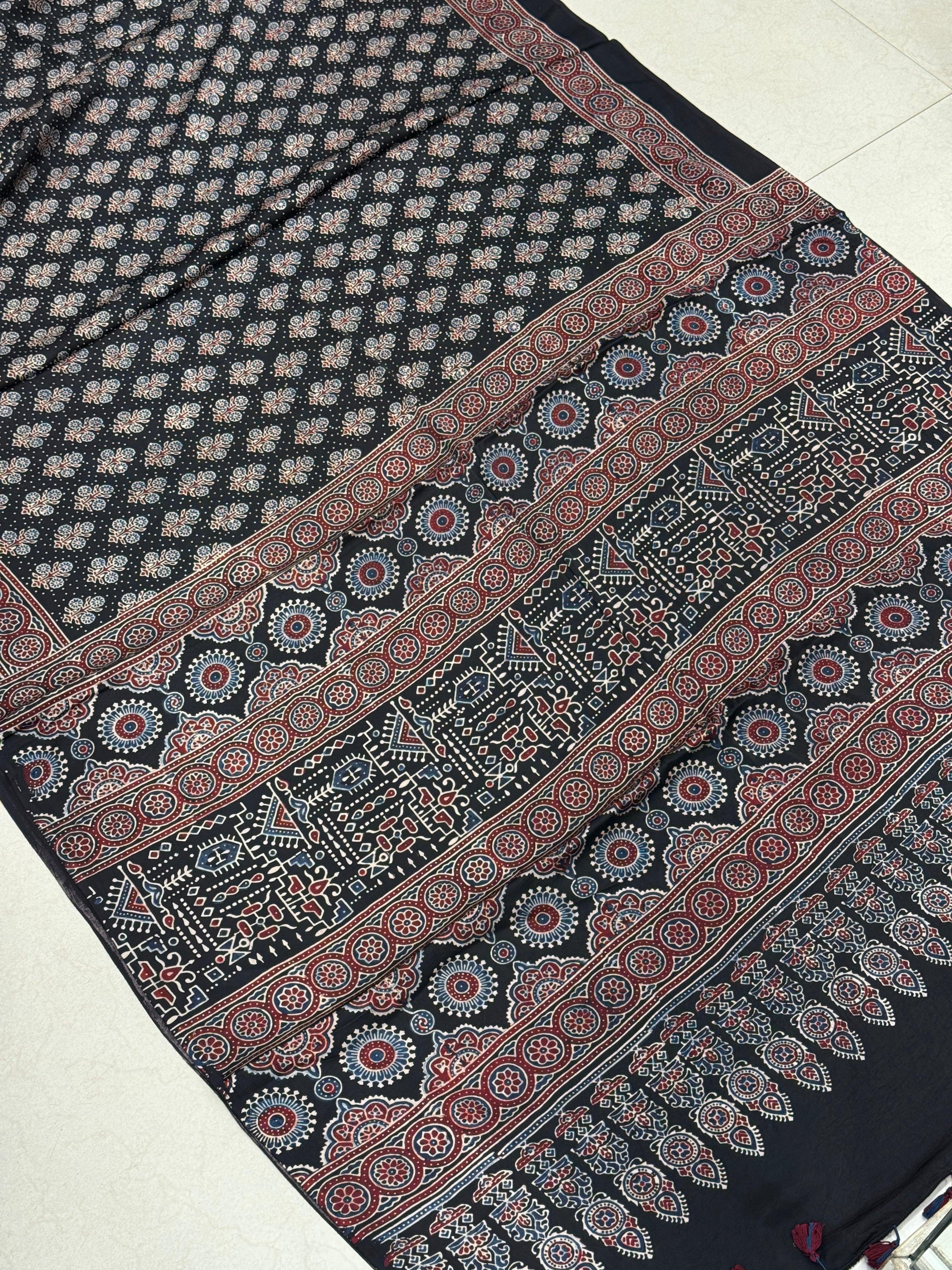 Black Floral Buttas Dot Style Hand Block Print Ajrkah Pure Gajji Silk Saree