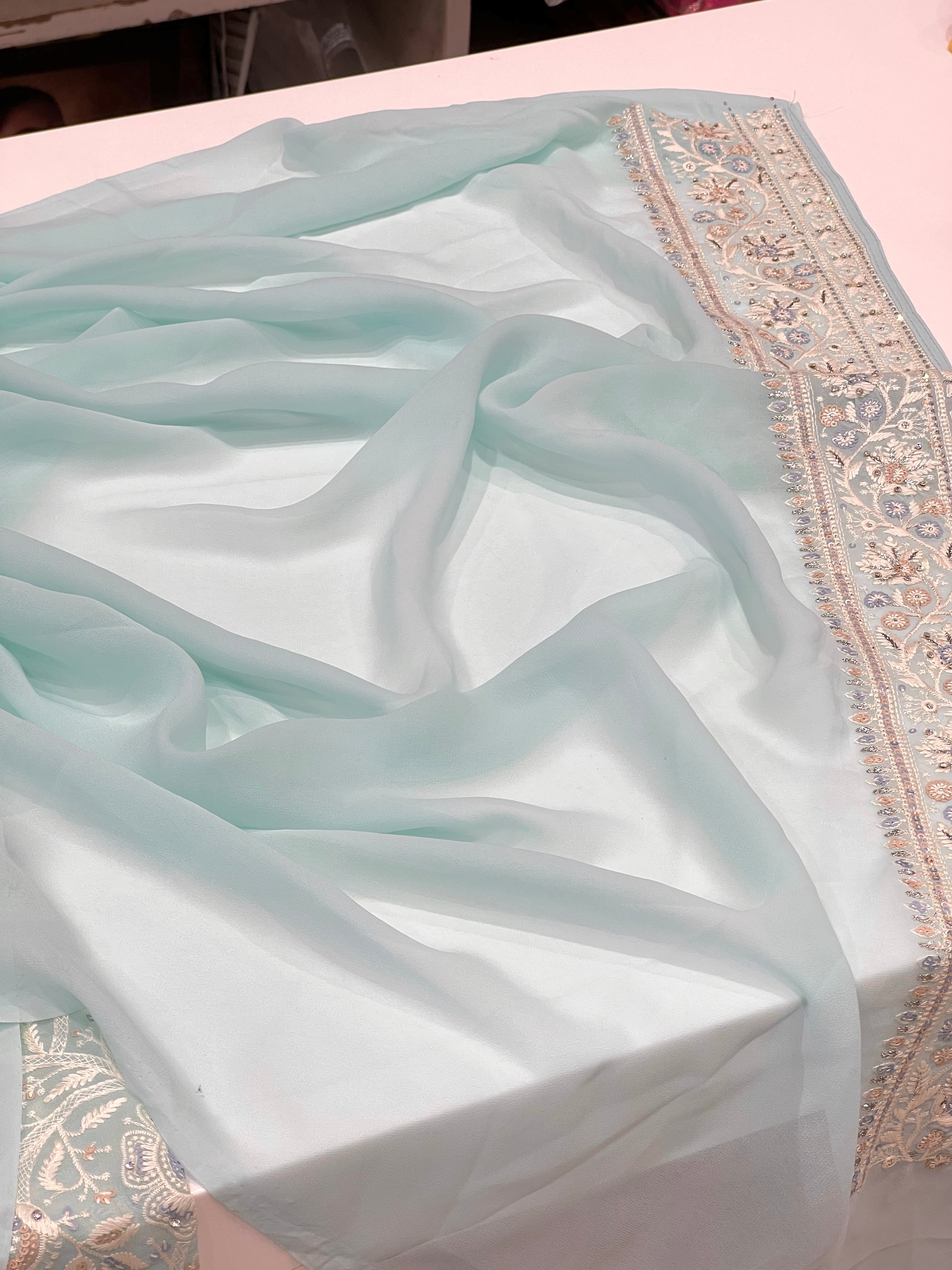Sea Blue Chikankari Saree