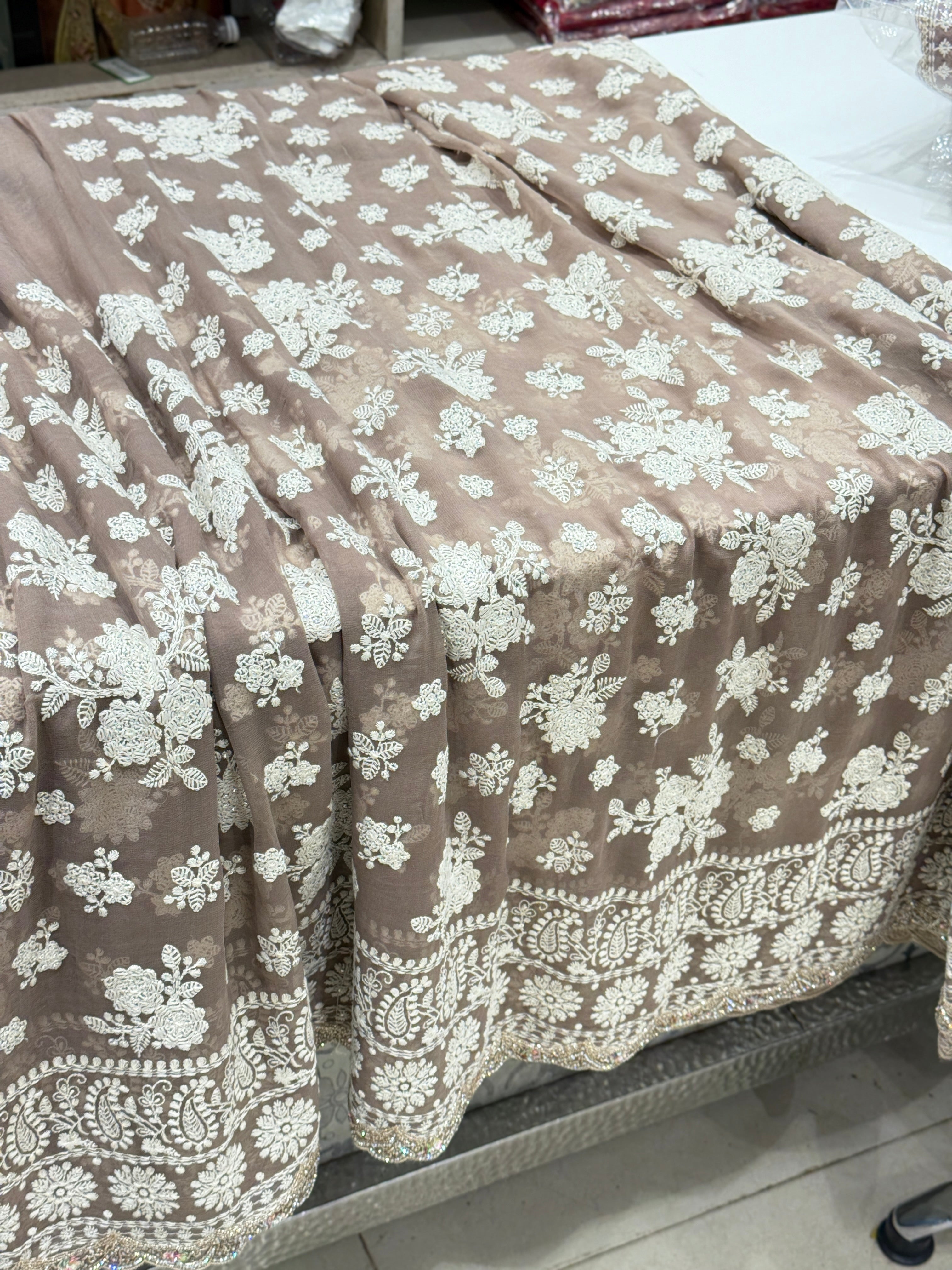 Mauve Pink Butta Chikankari on Georgette with Cutdana Hand Embroidery