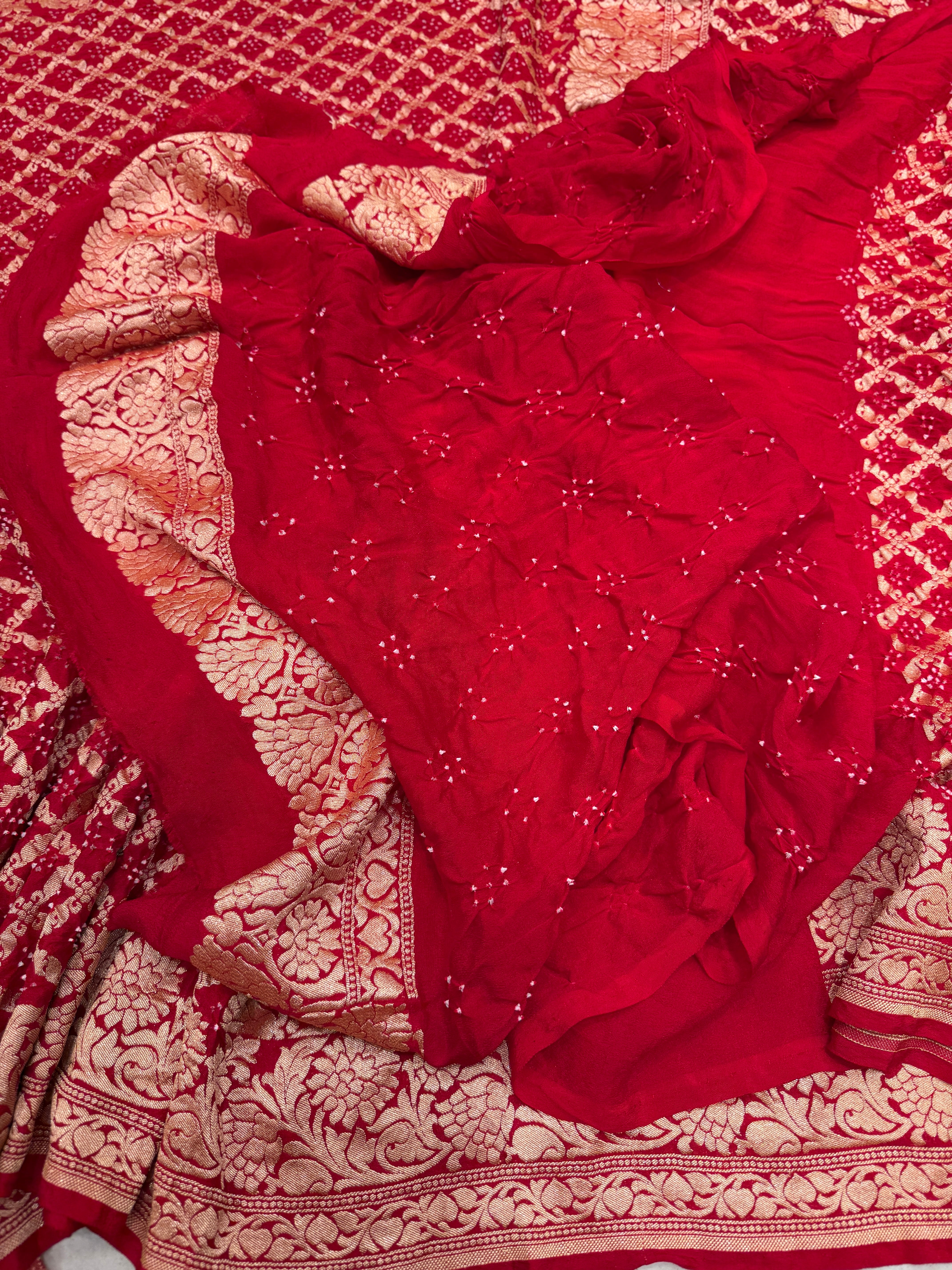 Red Double Floral Border Georgette Handloom Bandhej Bandhini Saree