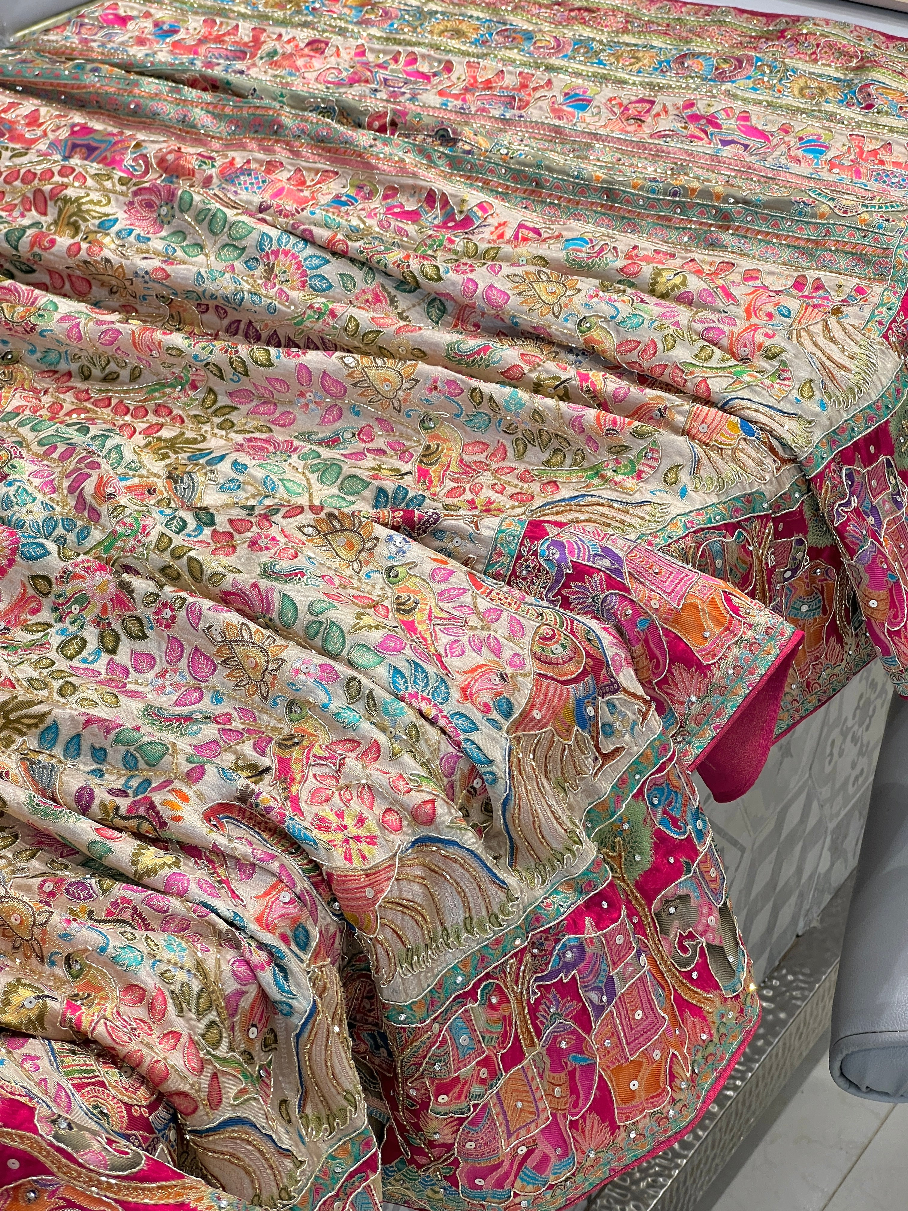 Off White Pashmina Style Silk Saree with Hand Embroidery