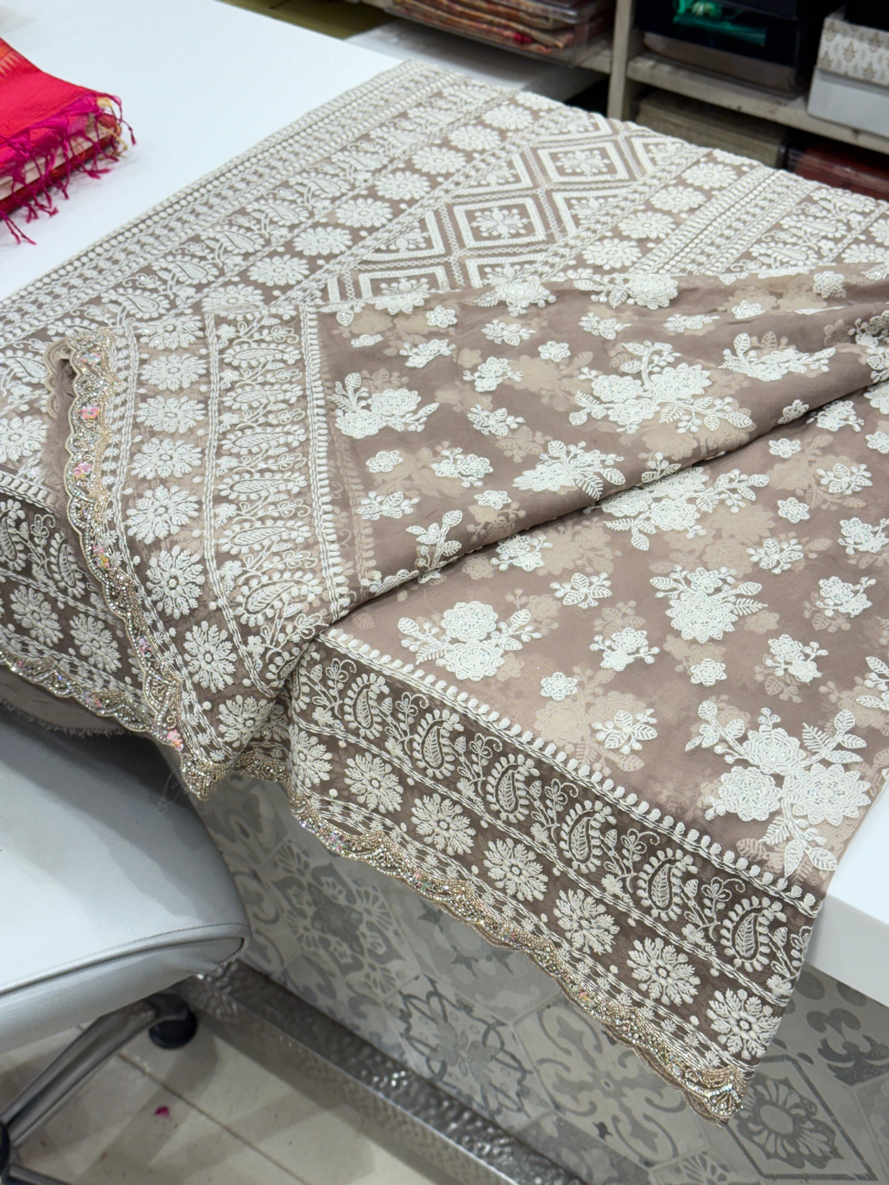 Mauve Pink Butta Chikankari on Georgette with Cutdana Hand Embroidery