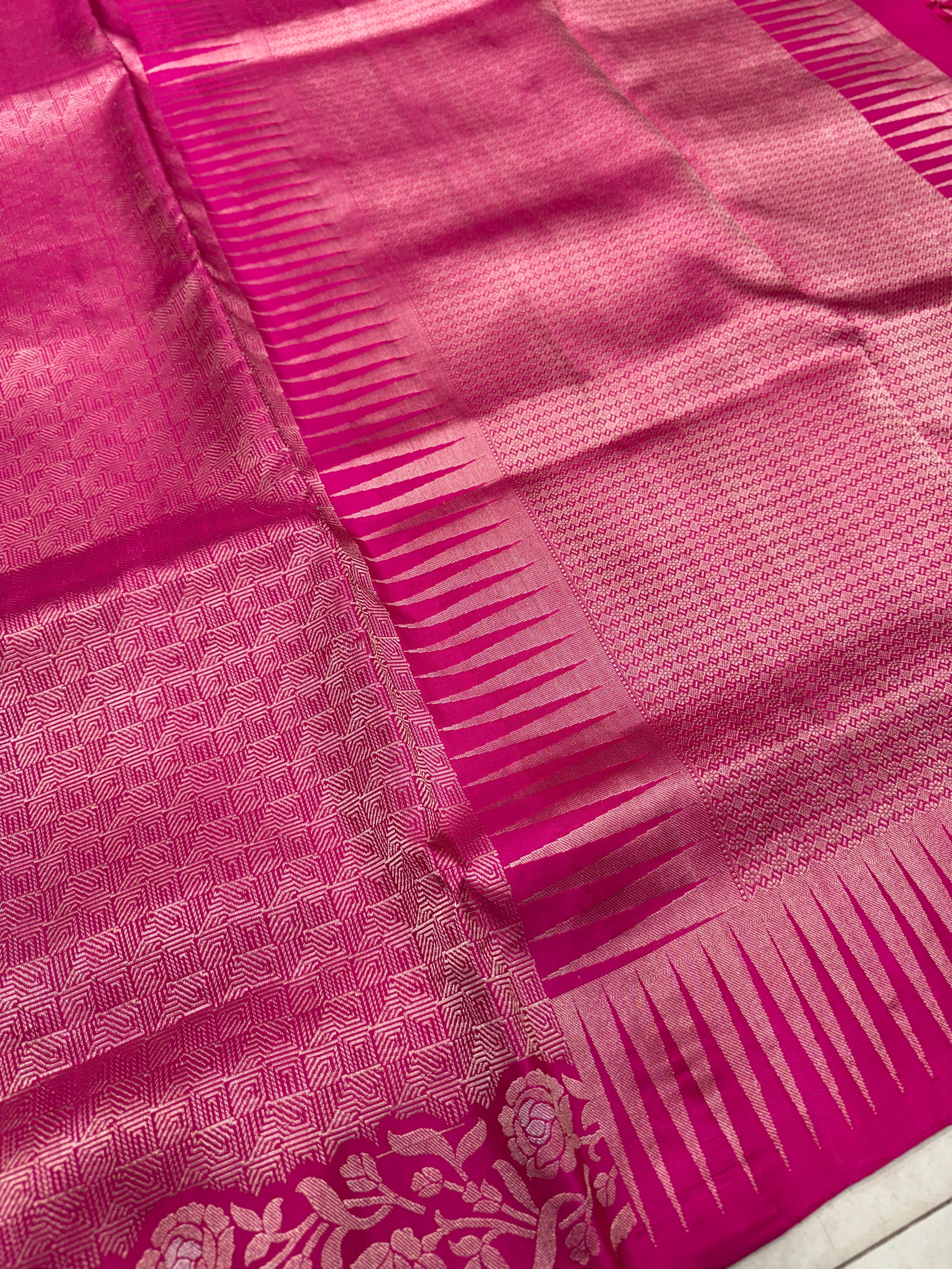 Rani Pink Rose Border Brocade Handloom Kanchipuram Pure Silk Saree
