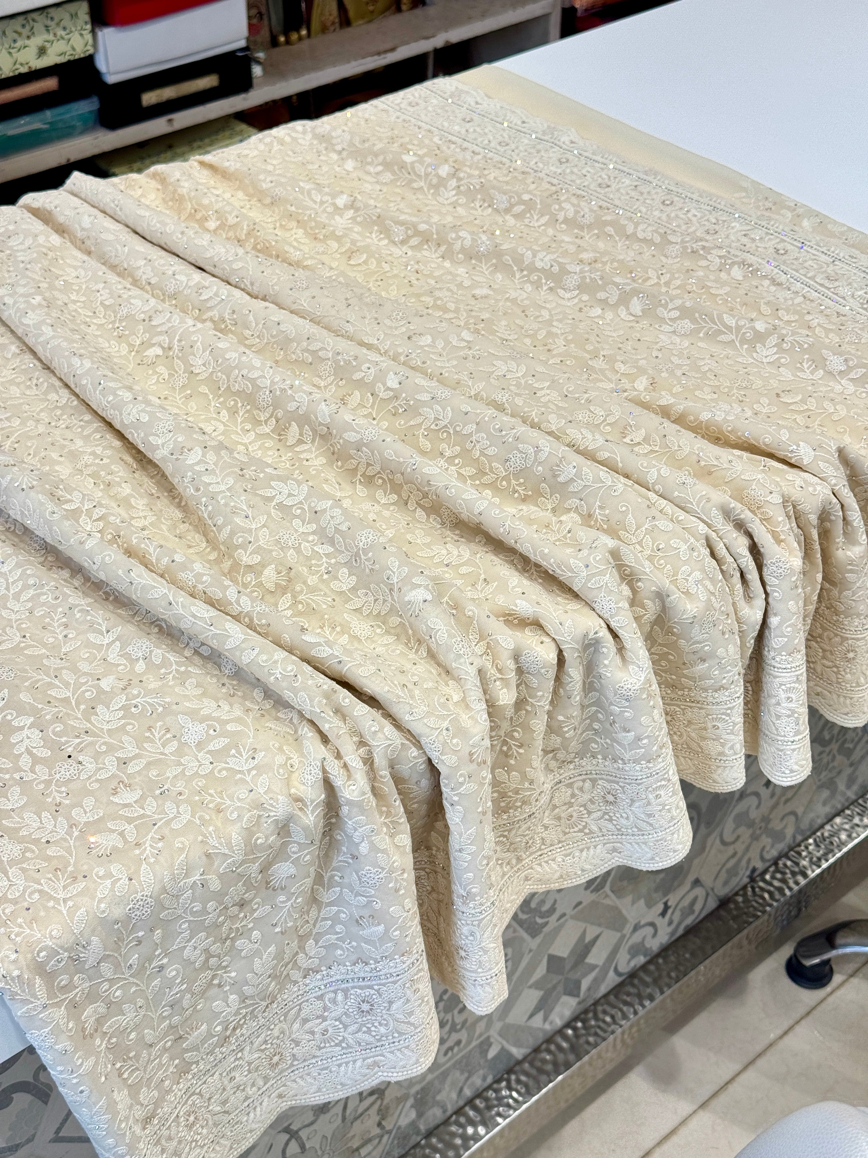 Moti White Chikankari Scallop Design Saree