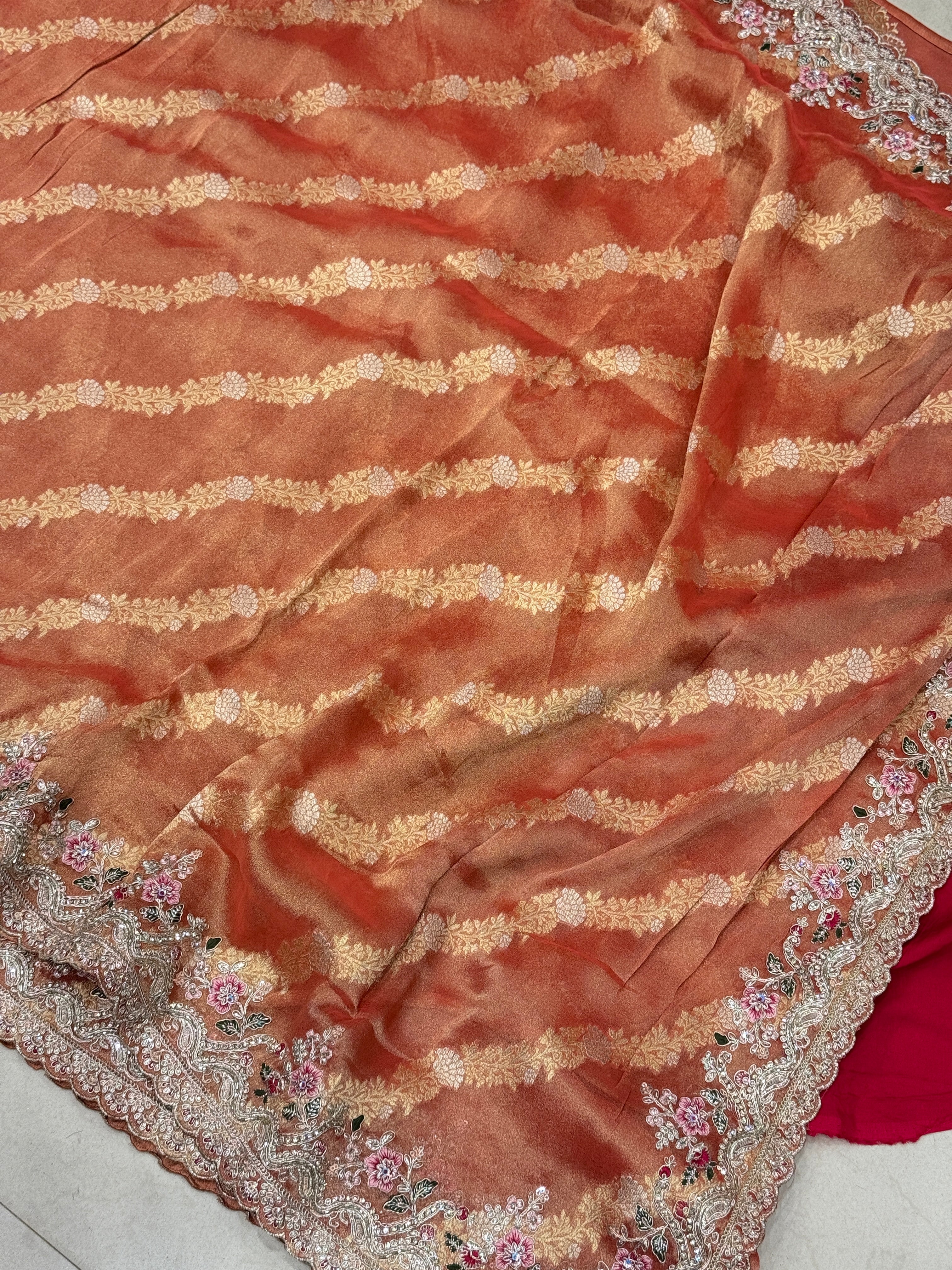 Rust Tissue Weaved Resham Zari Embroidery Saree